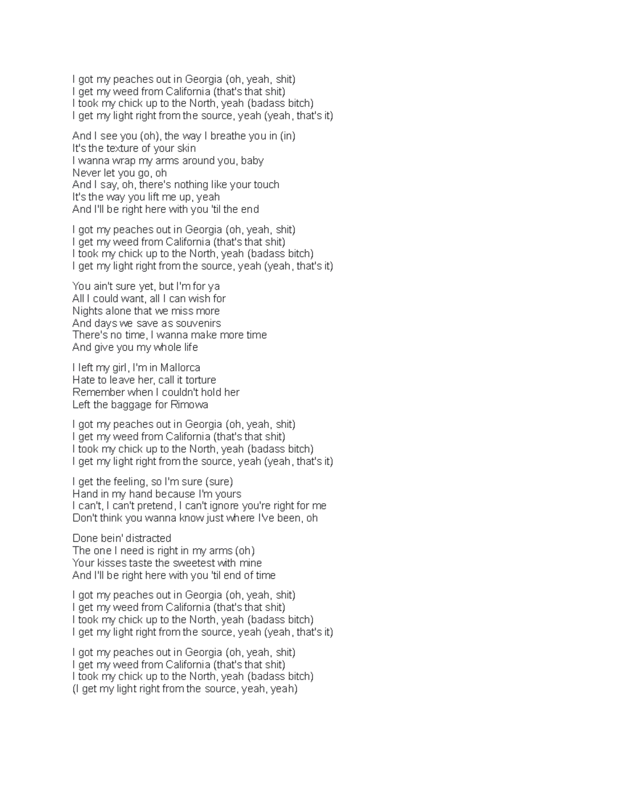 Chapter 15 coooool I got my peaches out in (oh, yeah, shit