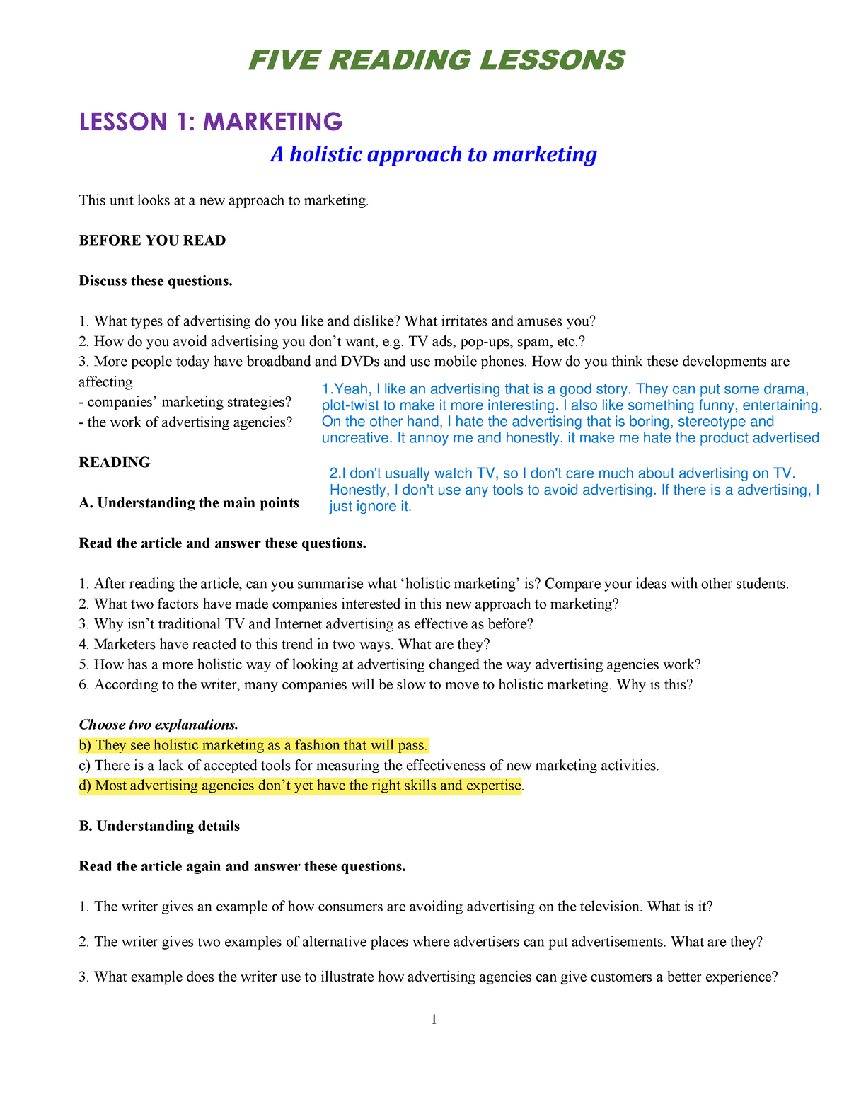 5 Reading lessons M2 - The case for holistic marketing - FIVE READING ...