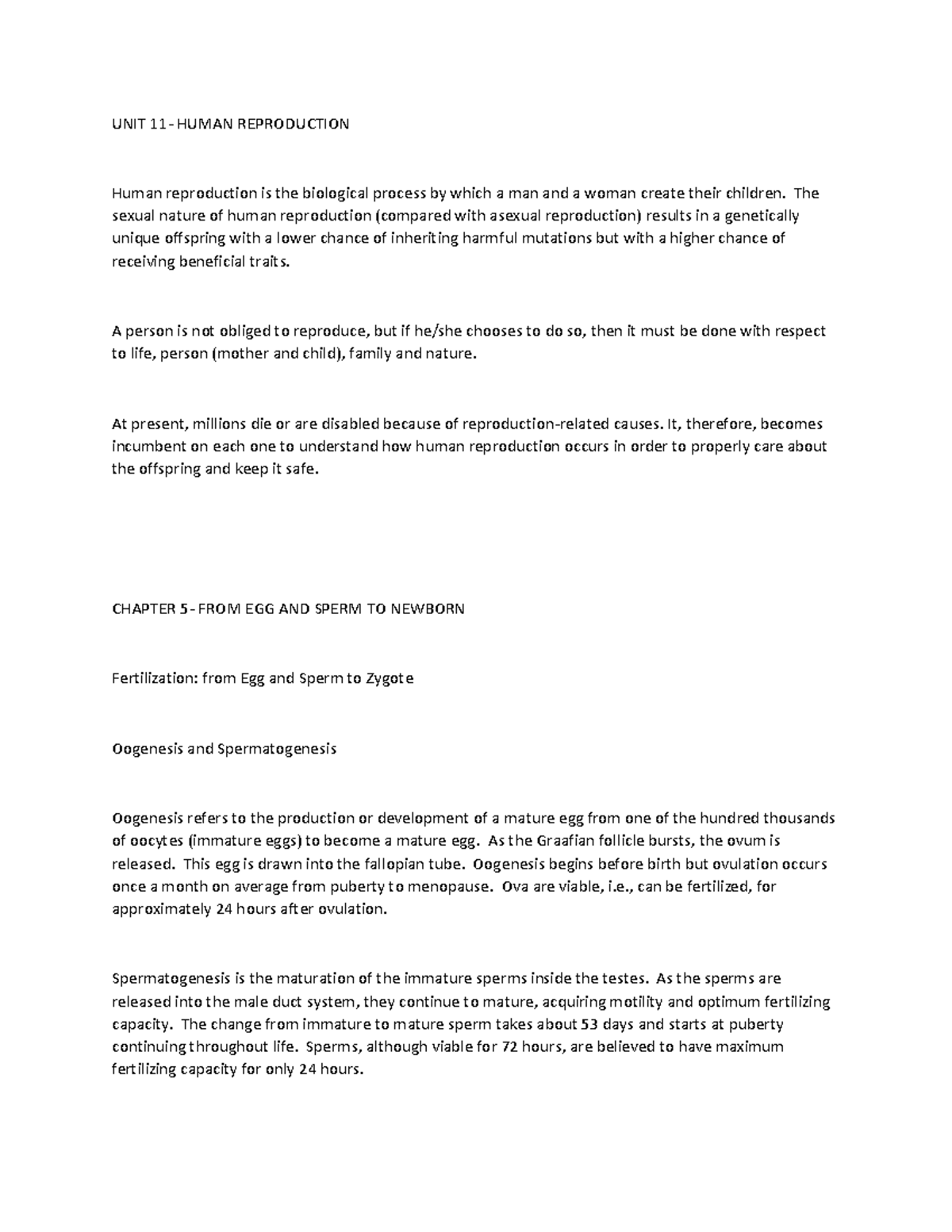 GEE 301 CHAP 5,6 - Lecture notes 5,6 - UNIT 11- HUMAN REPRODUCTION ...