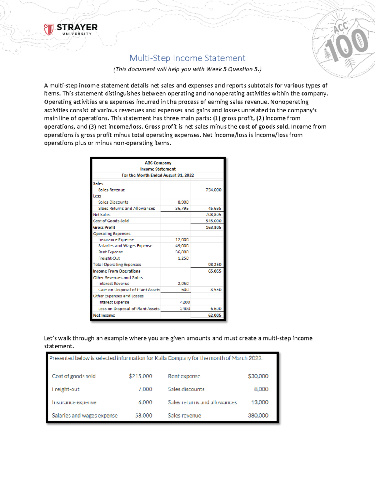 Multi Step Income Statement w5Q5 - ABC Compa ny I ncome St at ement Fo ...