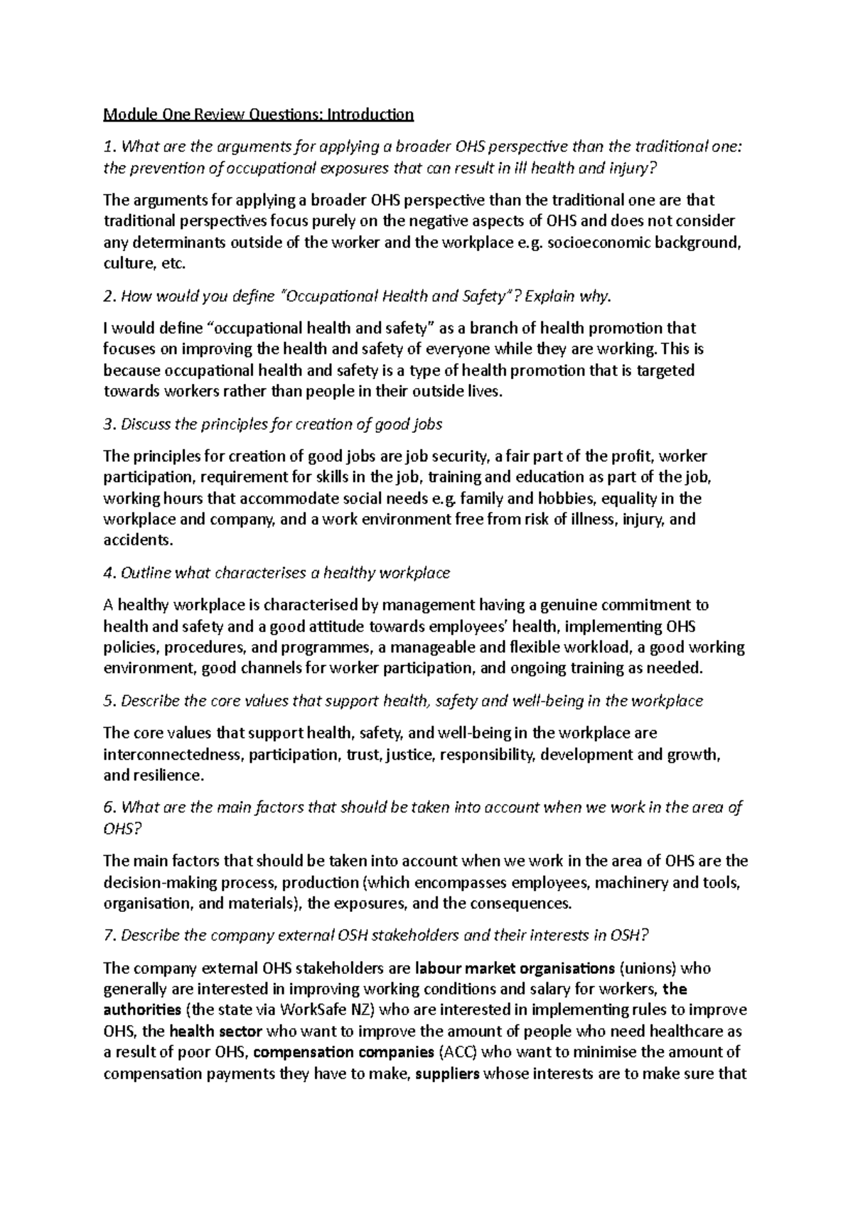 Exam notes Summary Occupational Health and Safety I Module One