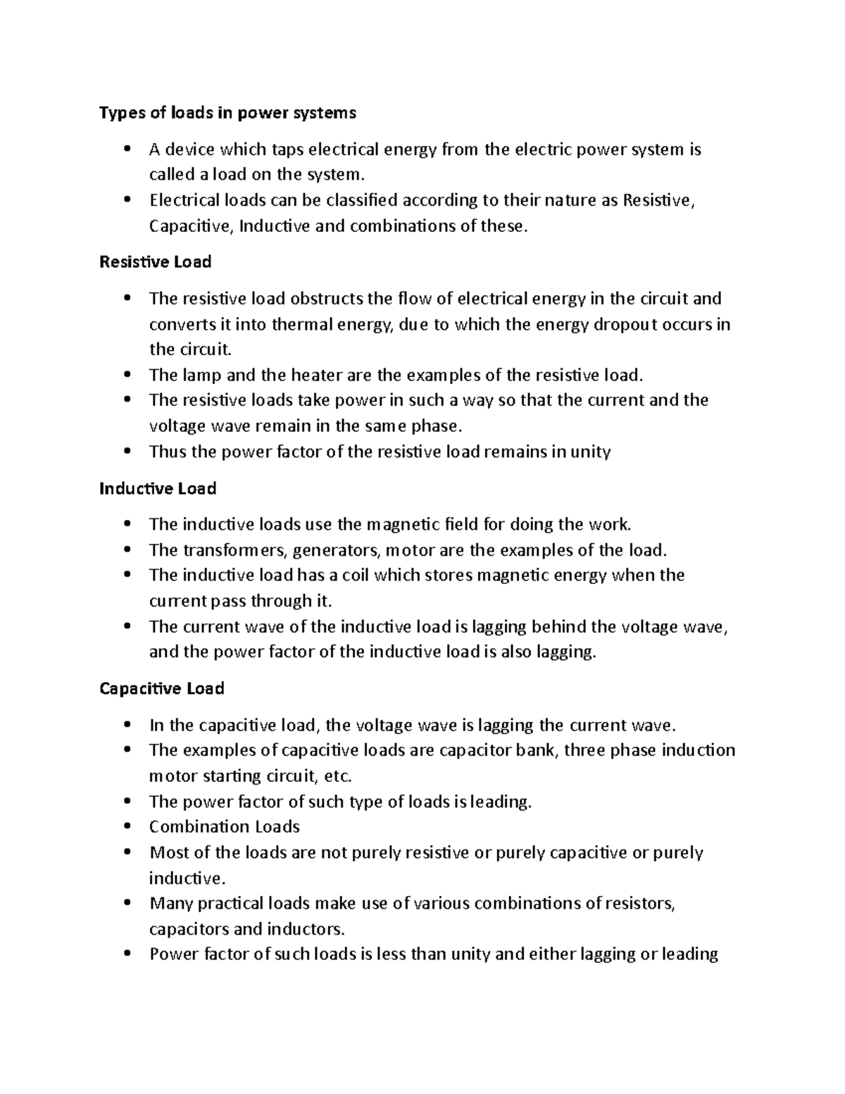 Types of loads in power systems Electrical loads can be classified