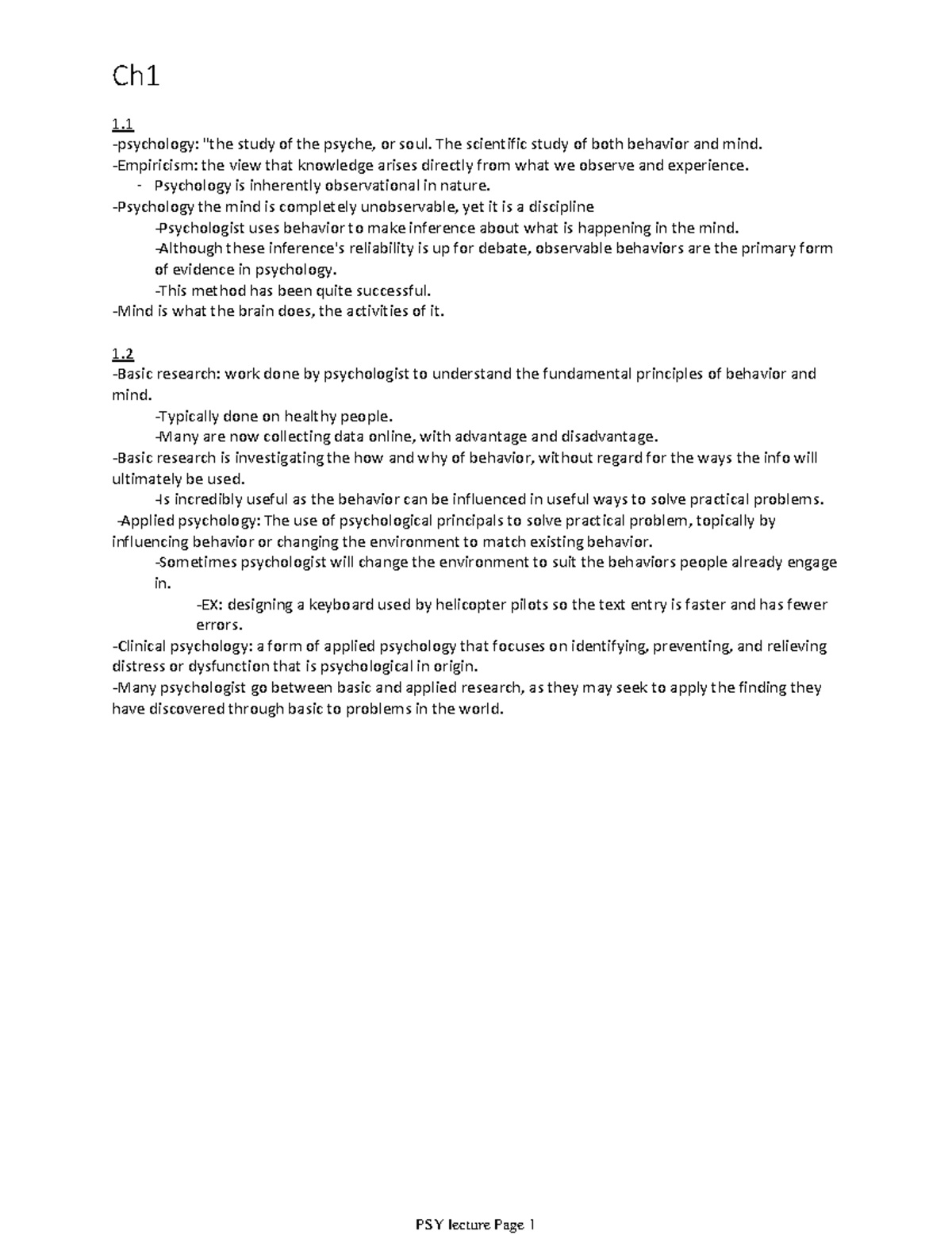 PSY1101 Lecture Notes -psychology: "the Study Of The Psyche, Or Soul ...