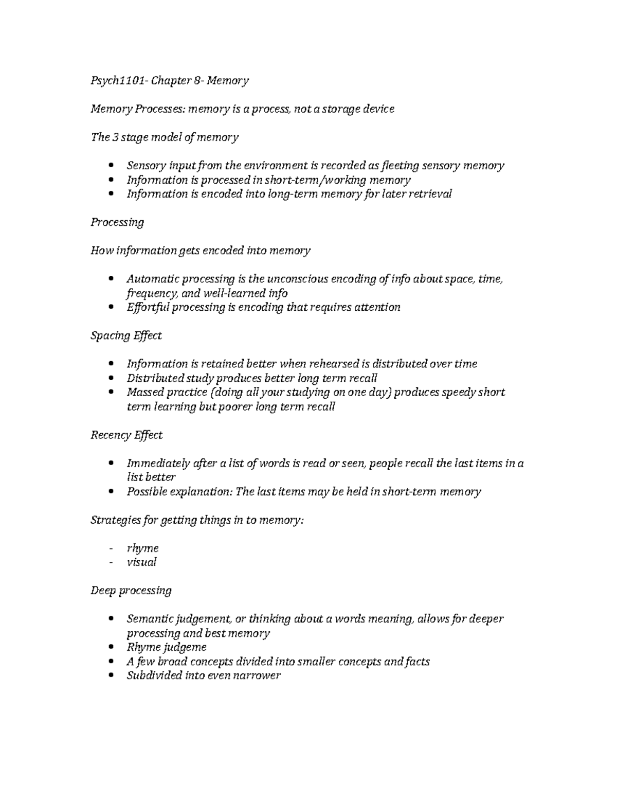 Lecture notes, chapter 8 - Chapter Memory Memory Processes: memory is a ...