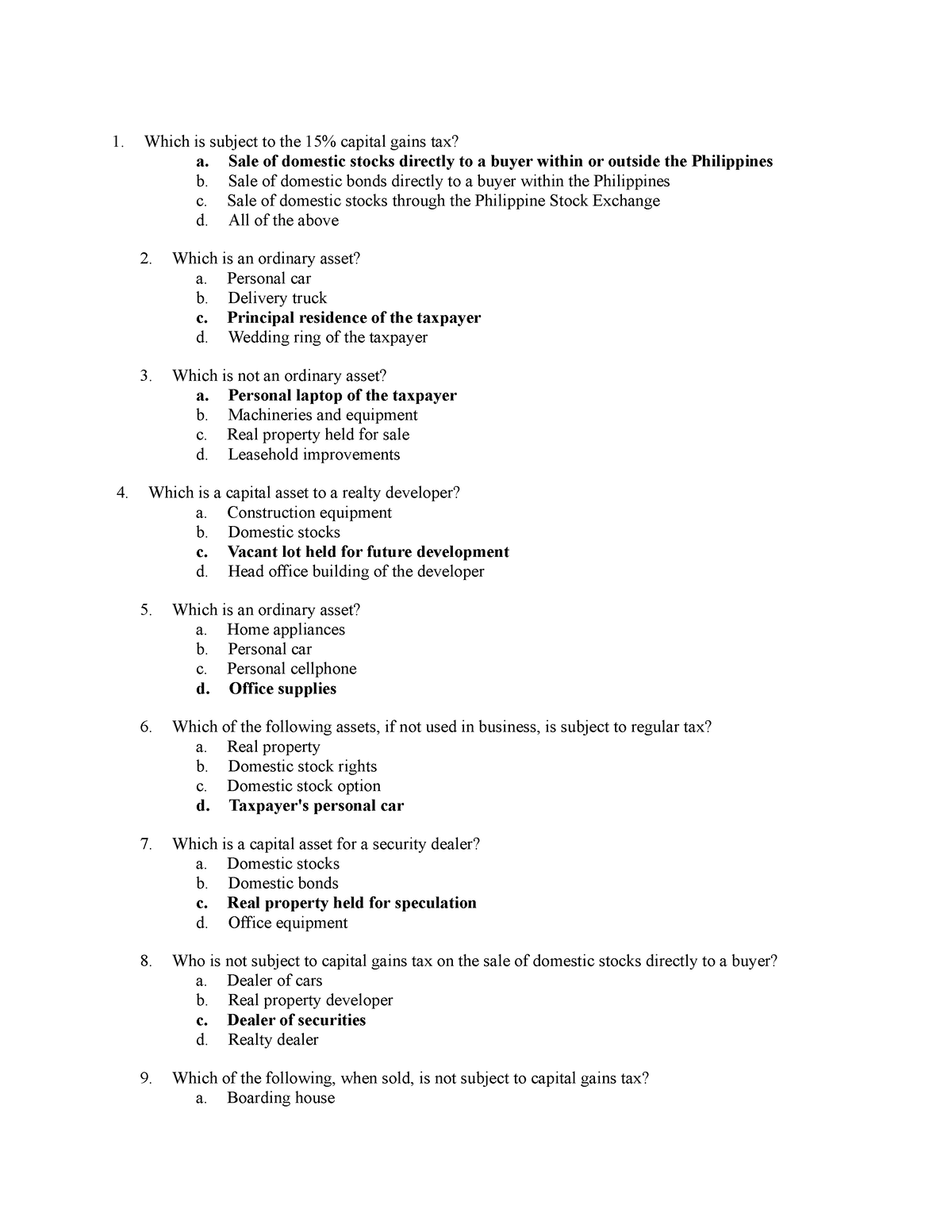 Capital IN Gains TAX . Multiple Choice. Part One. Question And Answers ...