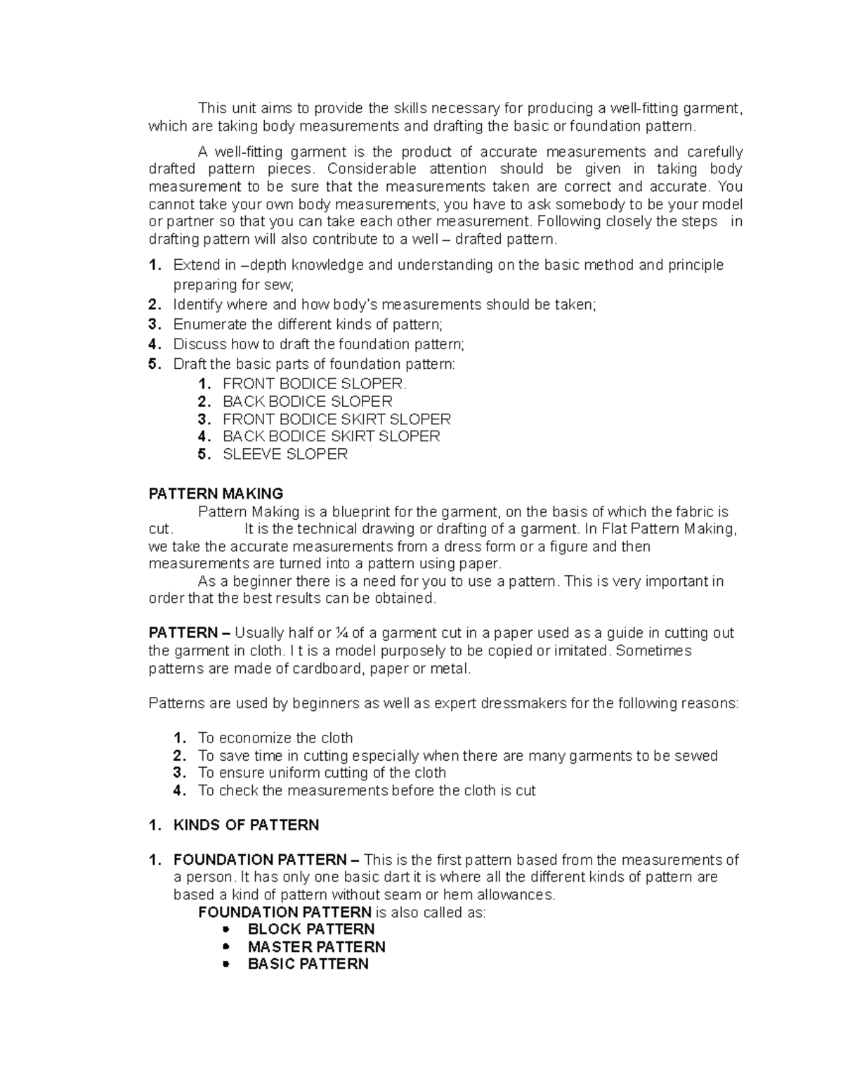 Pattern Making This Unit Aims To Provide The Skills Necessary For