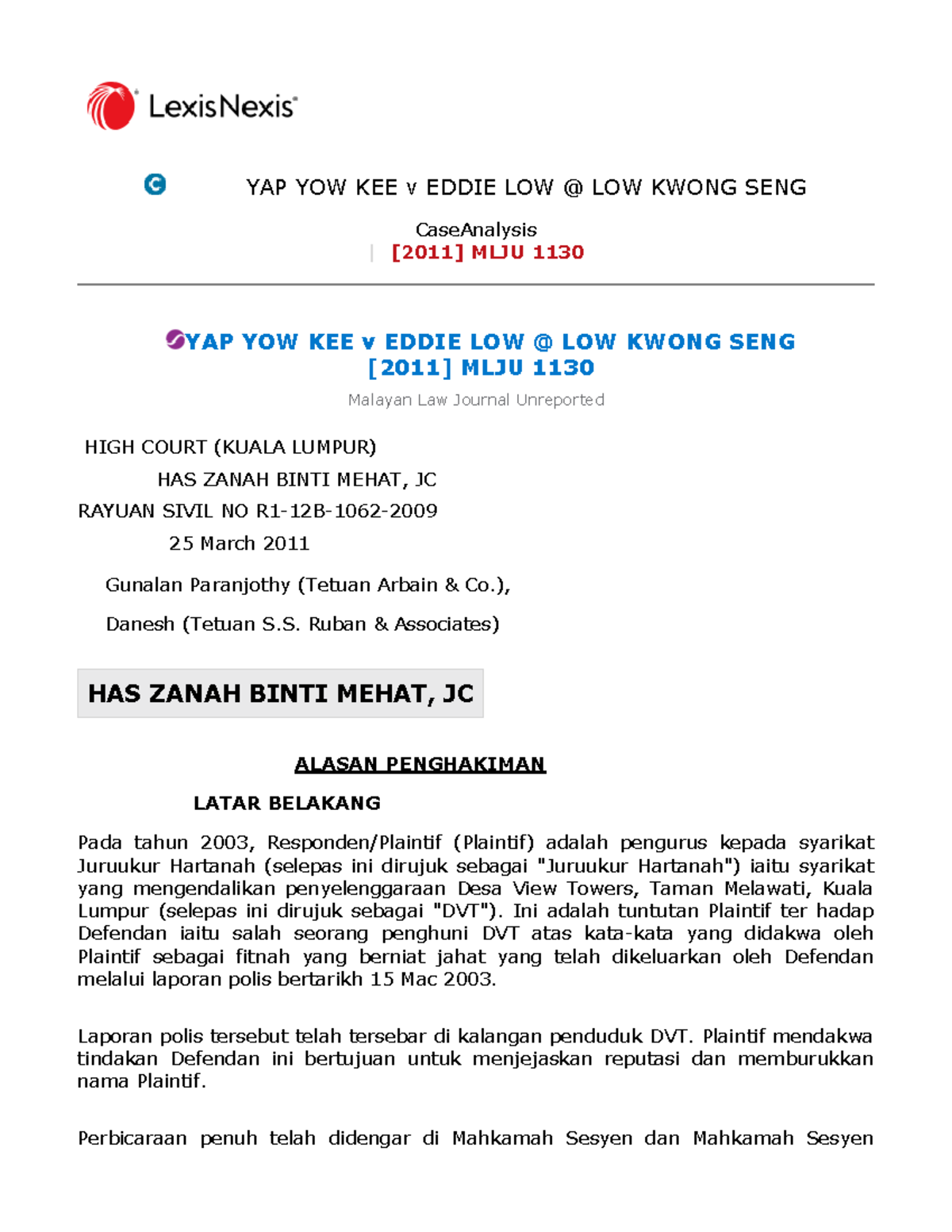 YAP YOW KEE v Eddie LOW @ LOW Kwong SENG - CaseAnalysis | [2011] MLJU ...