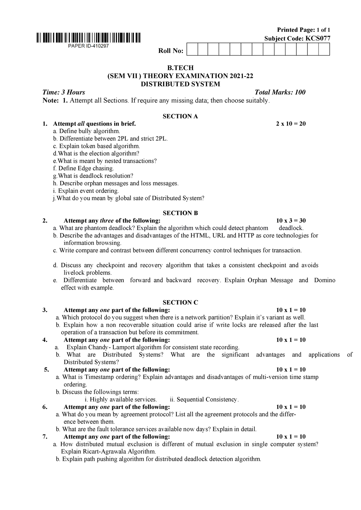 Btech Cs 7 Sem Distributed System Kcs077 2022 - Printed Page: 1 Of 1 ...