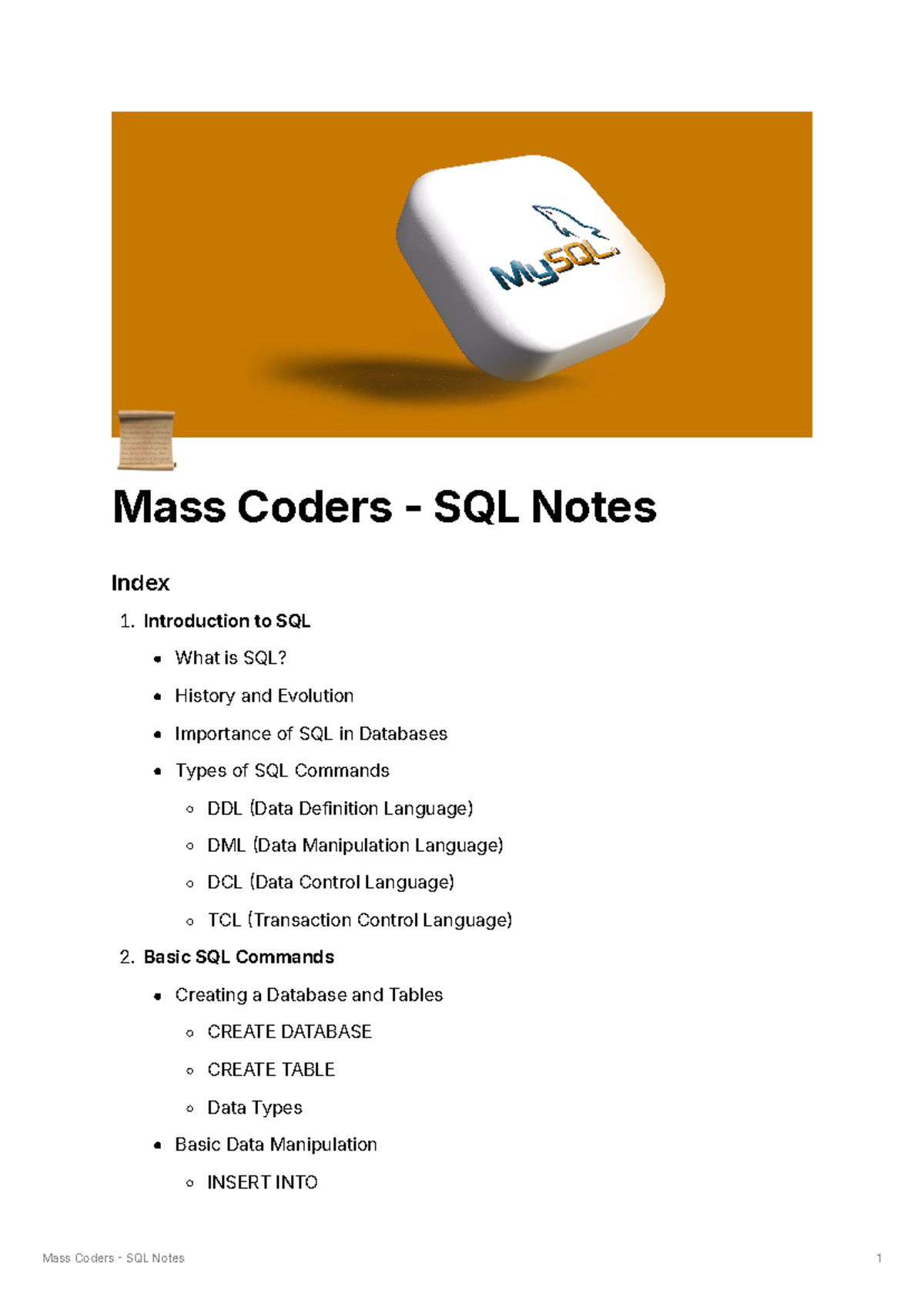 Sql notes - 📜 Mass Coders - SQL Notes Index Introduction to SQL What is ...