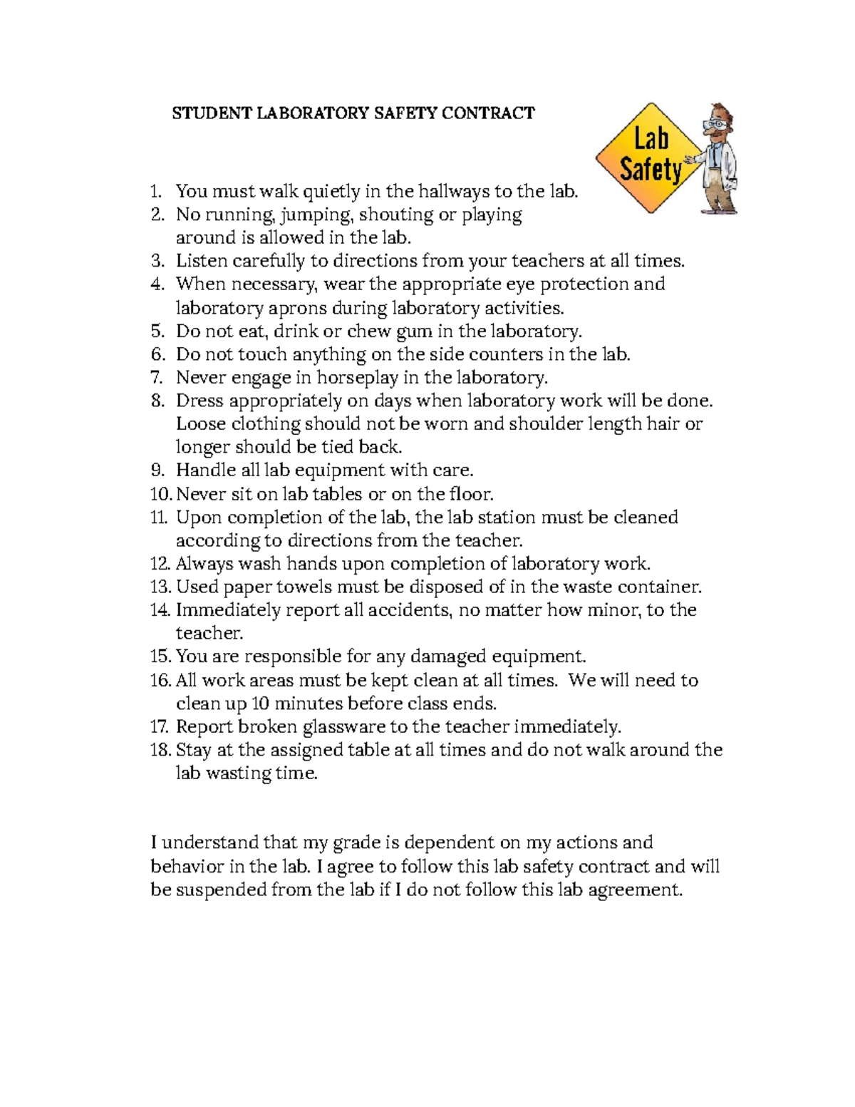 Copy of Student Laboratory Safety Contract 2022 RBH Chem STUDENT LABORATORY SAFETY CONTRACT