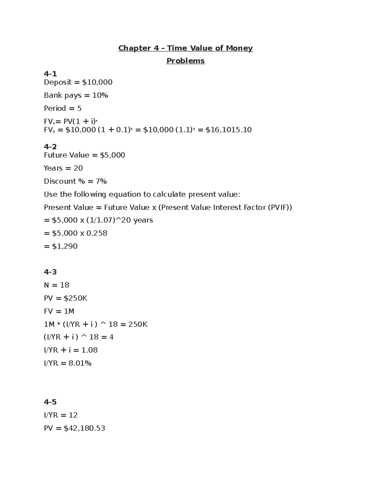 Time Value of money Problems answers - Chapter 4 – Time Value of Money ...