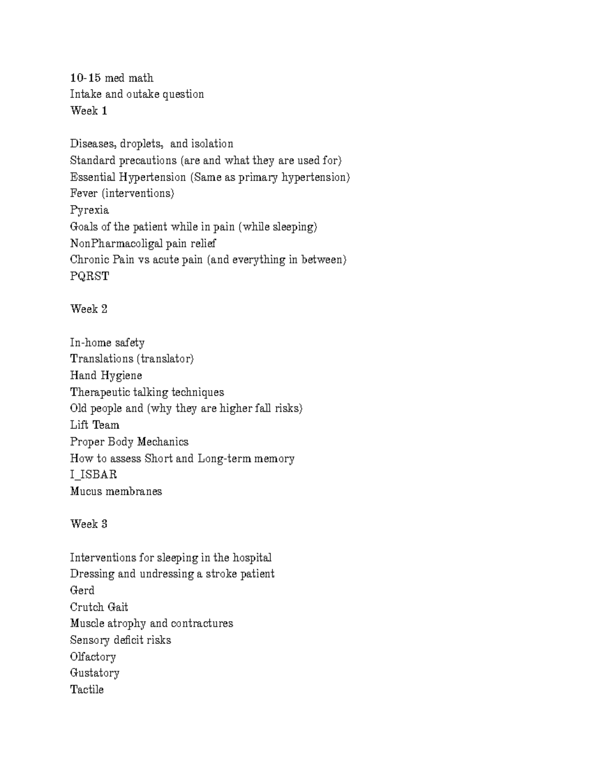 Fundamentals final Study guide PRAC - 10-15 med math Intake and outake ...