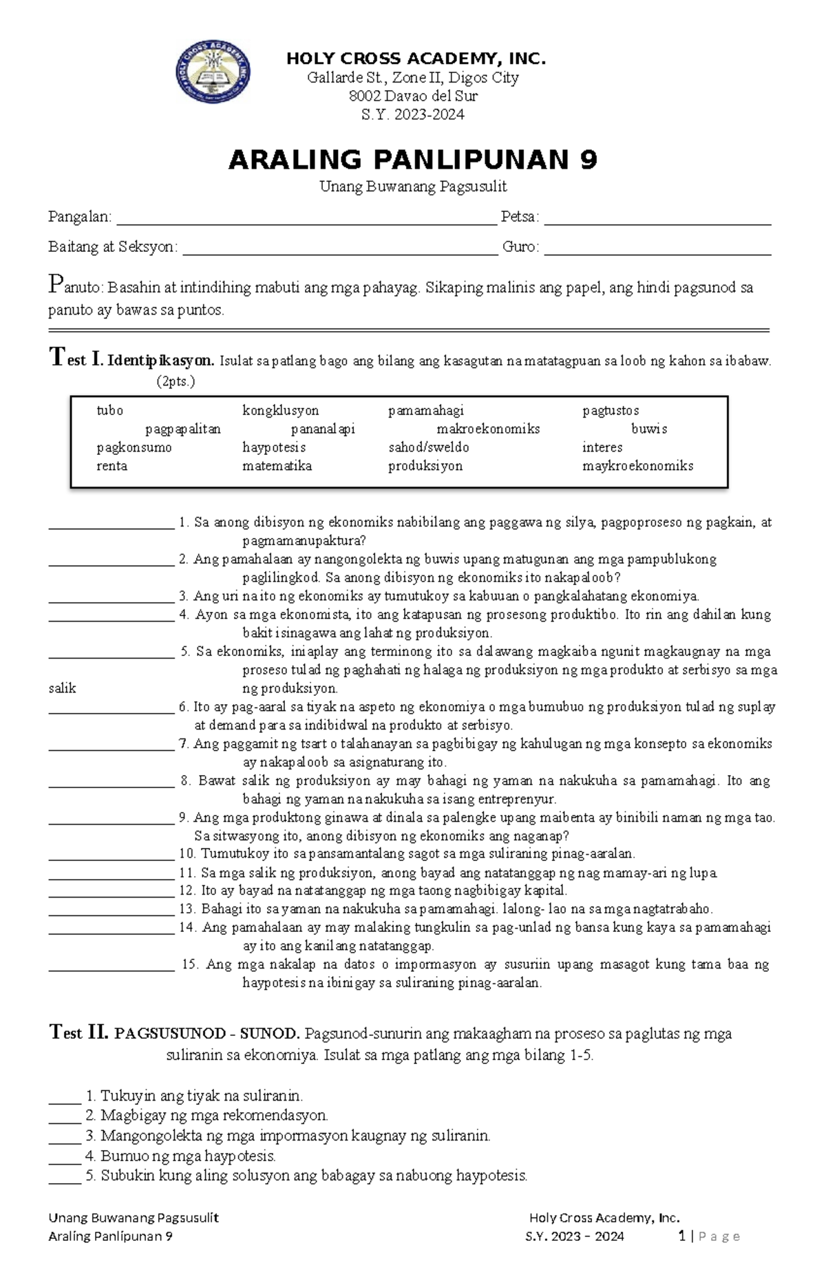 AP9 Q1 Monthly EXAM - AP 9 Practice test - HOLY CROSS ACADEMY, INC ...