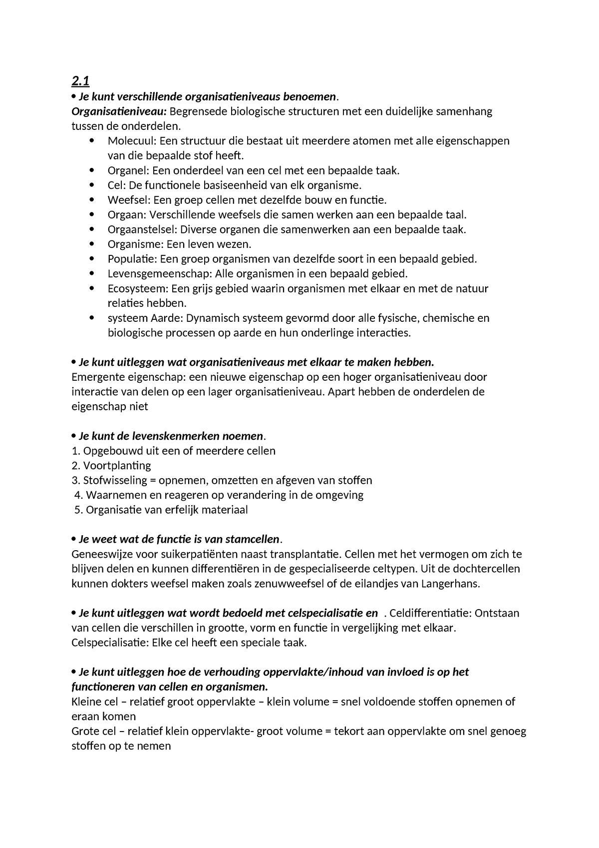 Biologie Nectar Hoofdstuk 2 En Hoofdstuk 3 4VWO - 2. Organisatieniveau ...