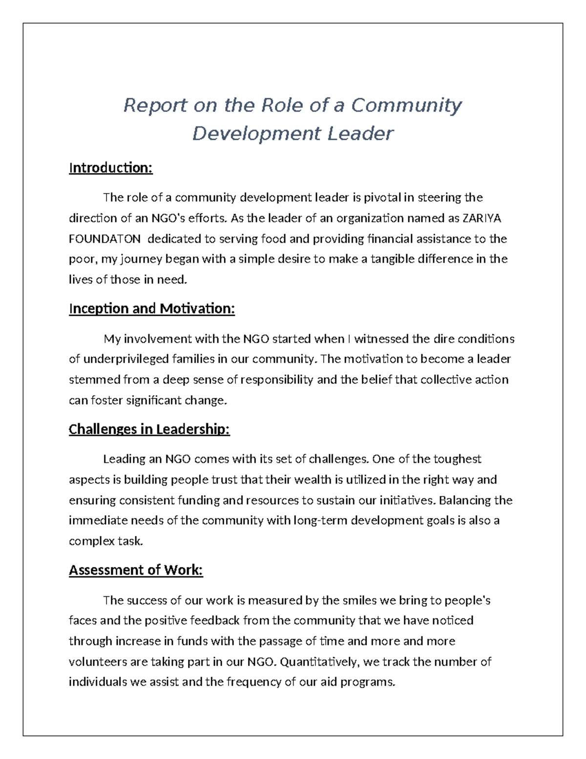 Civics Assignmentt - role of community leader - Report on the Role of a ...