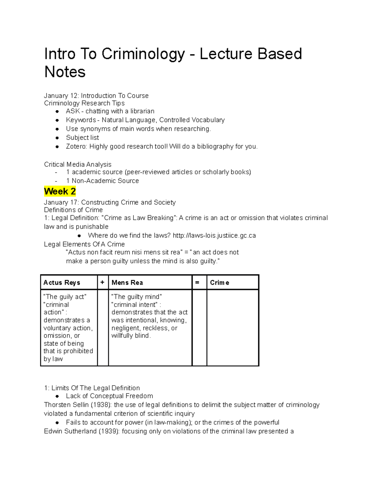 Intro To Criminology - Lecture Based Notes - Intro To Criminology ...