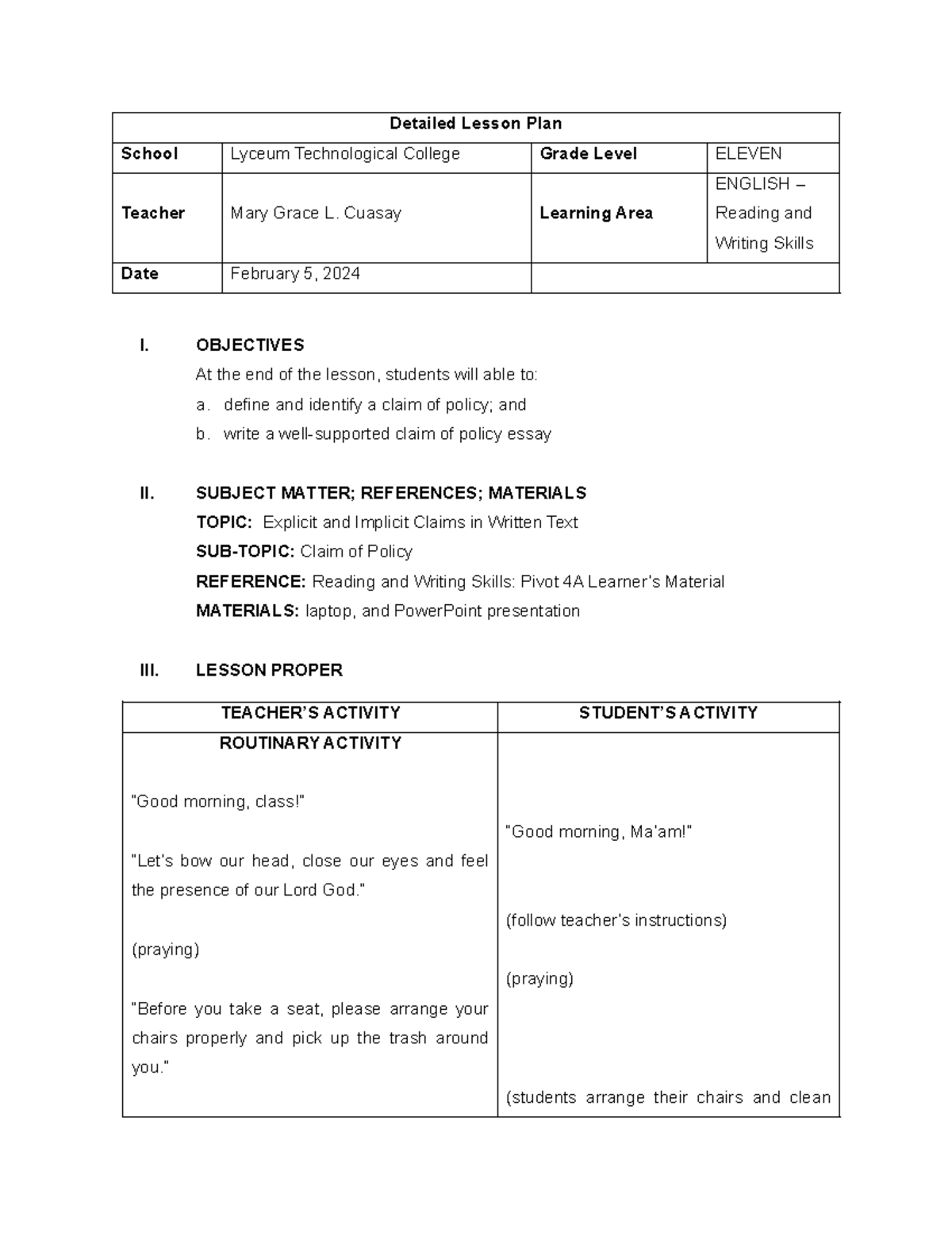Detailed LP for RW LTC finaldemo - Detailed Lesson Plan School Lyceum ...