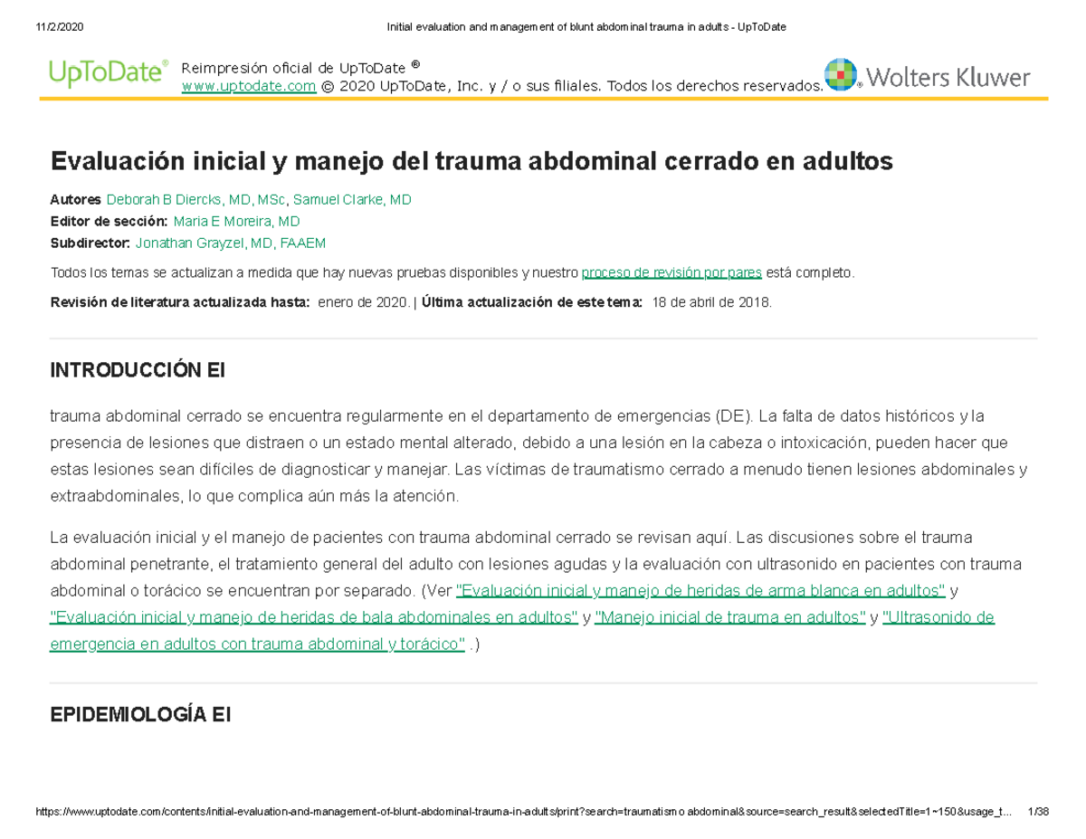 Initial evaluation and management of blunt abdominal trauma in adults ...