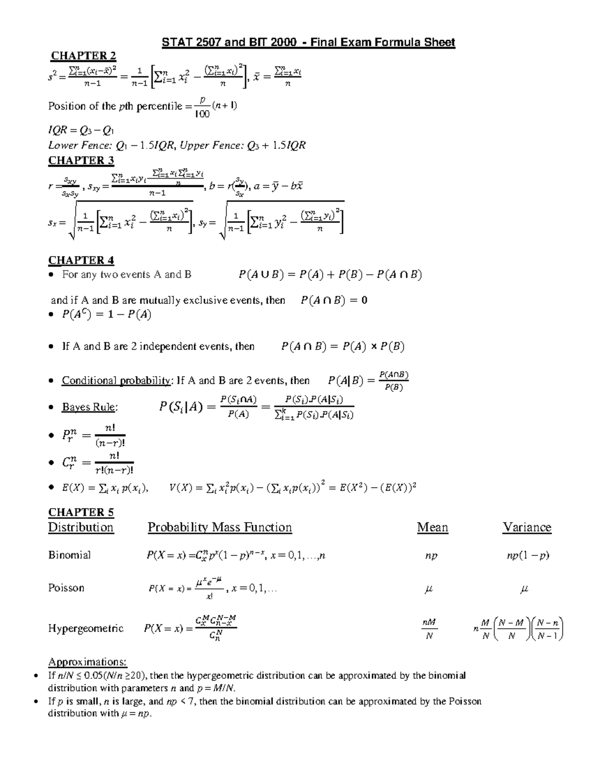 Formulasheet Exam - Formula Sheet For Final Exam - Stat 2507 And Bit 