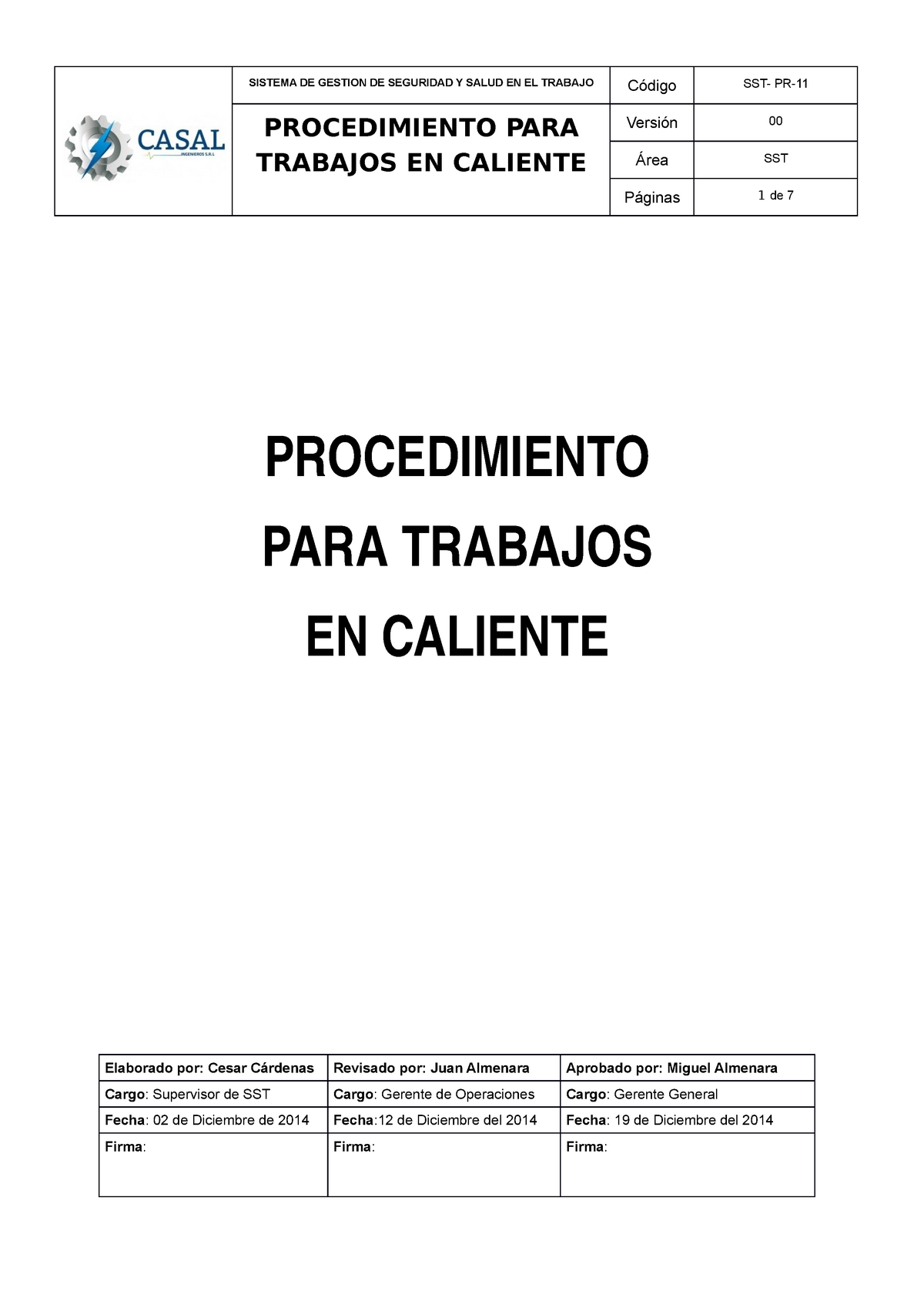 SST-PR-11 Procedimientos PARA Trabajos EN Caliente - PROCEDIMIENTO PARA ...