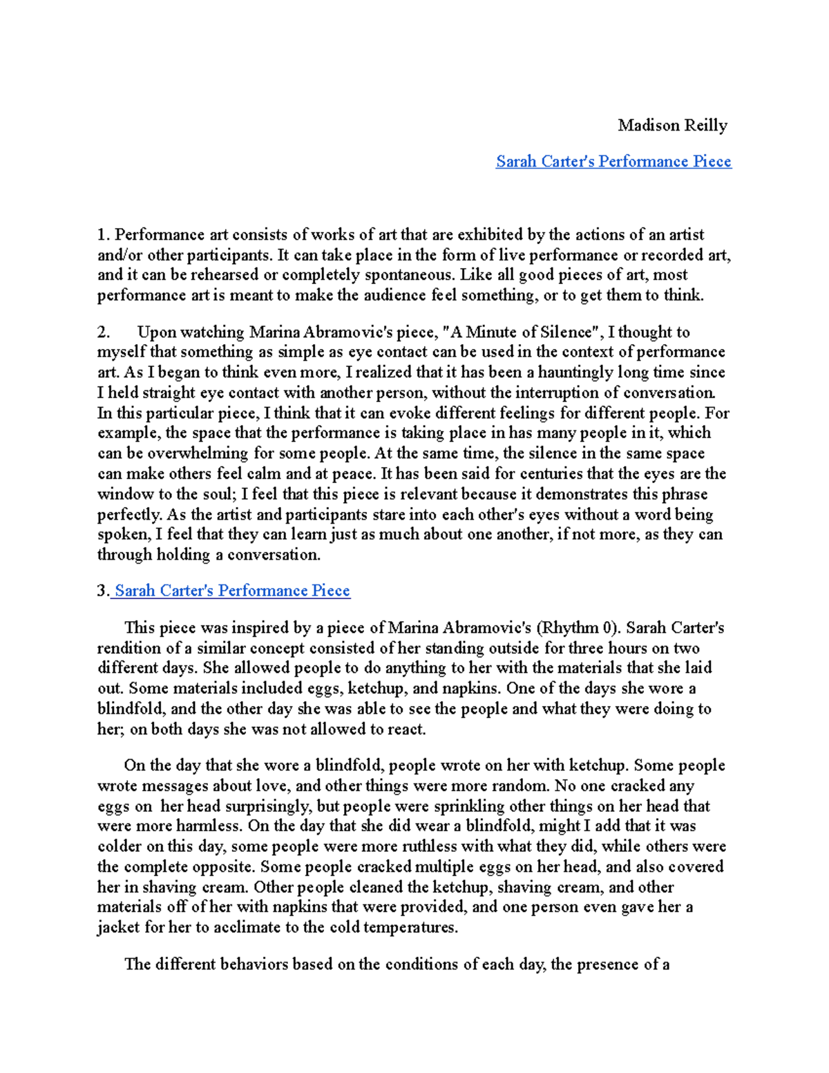 Performance Art Assignment - Madison Reilly Sarah Carter's Performance ...