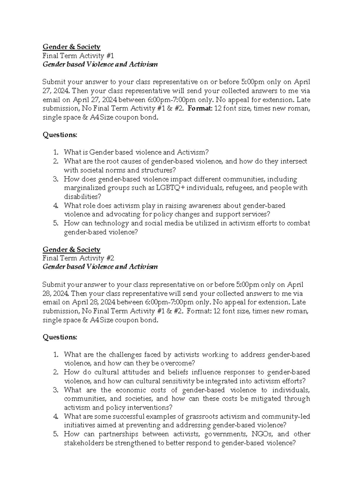 Activity 1 2 Gender based violence and activism - Gender & Society ...
