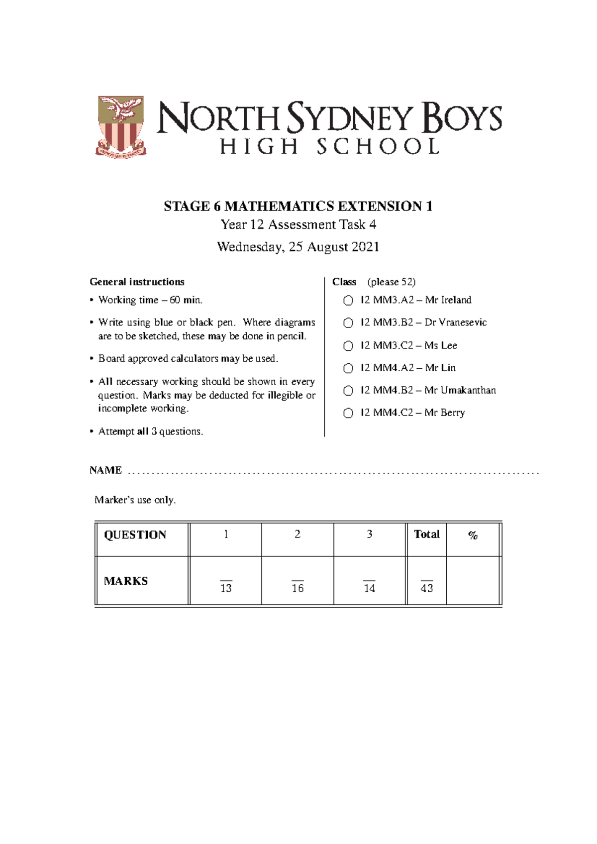 2021 Y12 Ext 1 Task 4 - last task - STAGE 6 MATHEMATICS EXTENSION 1 ...