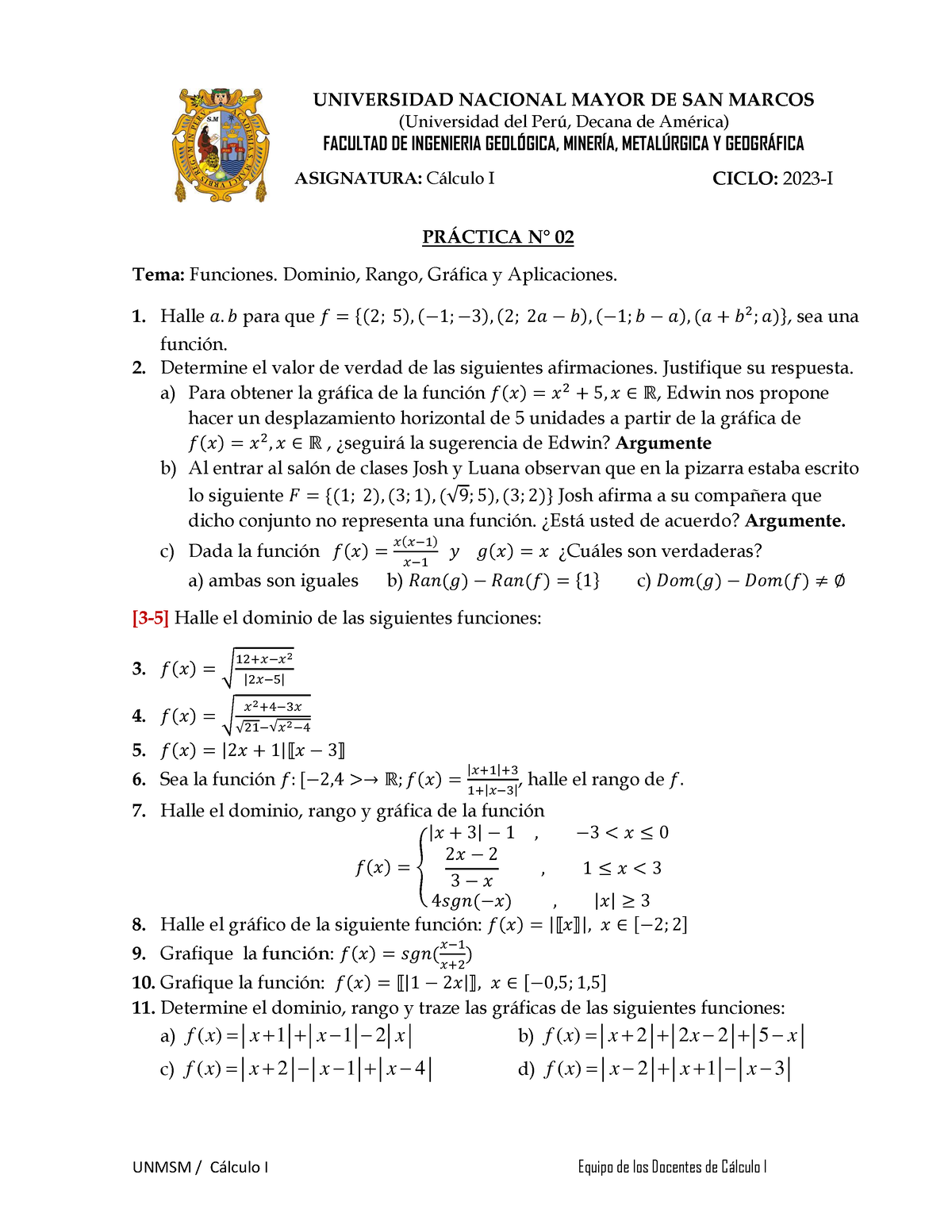 Ejercicios 2 - Práctica 2 - UNMSM / C·lculo I Equipo De Los Docentes De ...