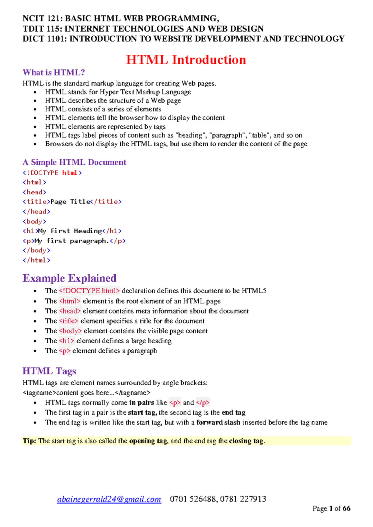 HTML notes - HTML basics - ####### abainegerrald24@gmail 0701 526488 ...