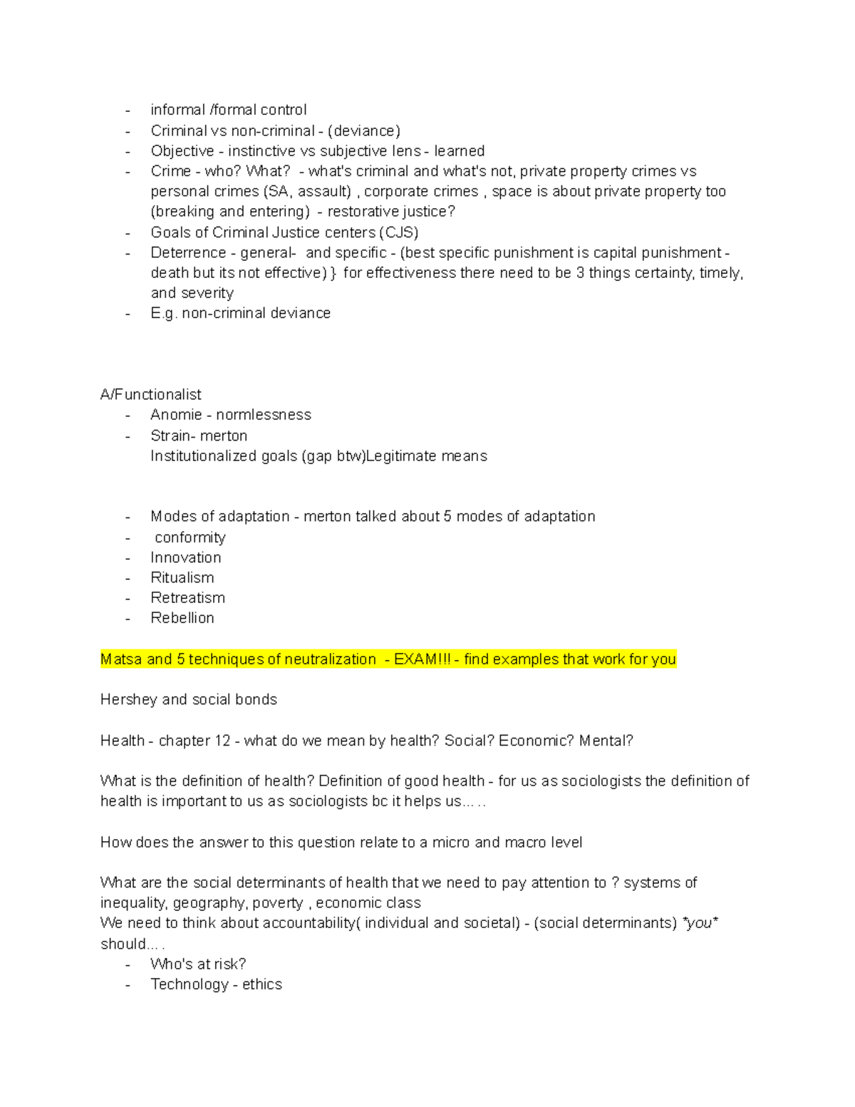 Sociology 101 - lecture notes - informal /formal control Criminal vs ...