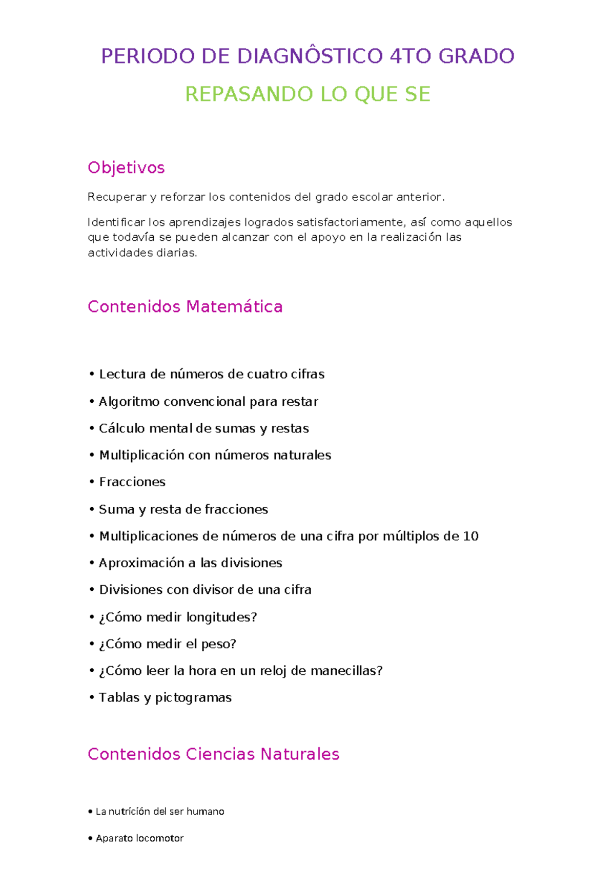 Diagnostico 4to - PERIODO DE DIAGNÔSTICO 4TO GRADO REPASANDO LO QUE SE ...