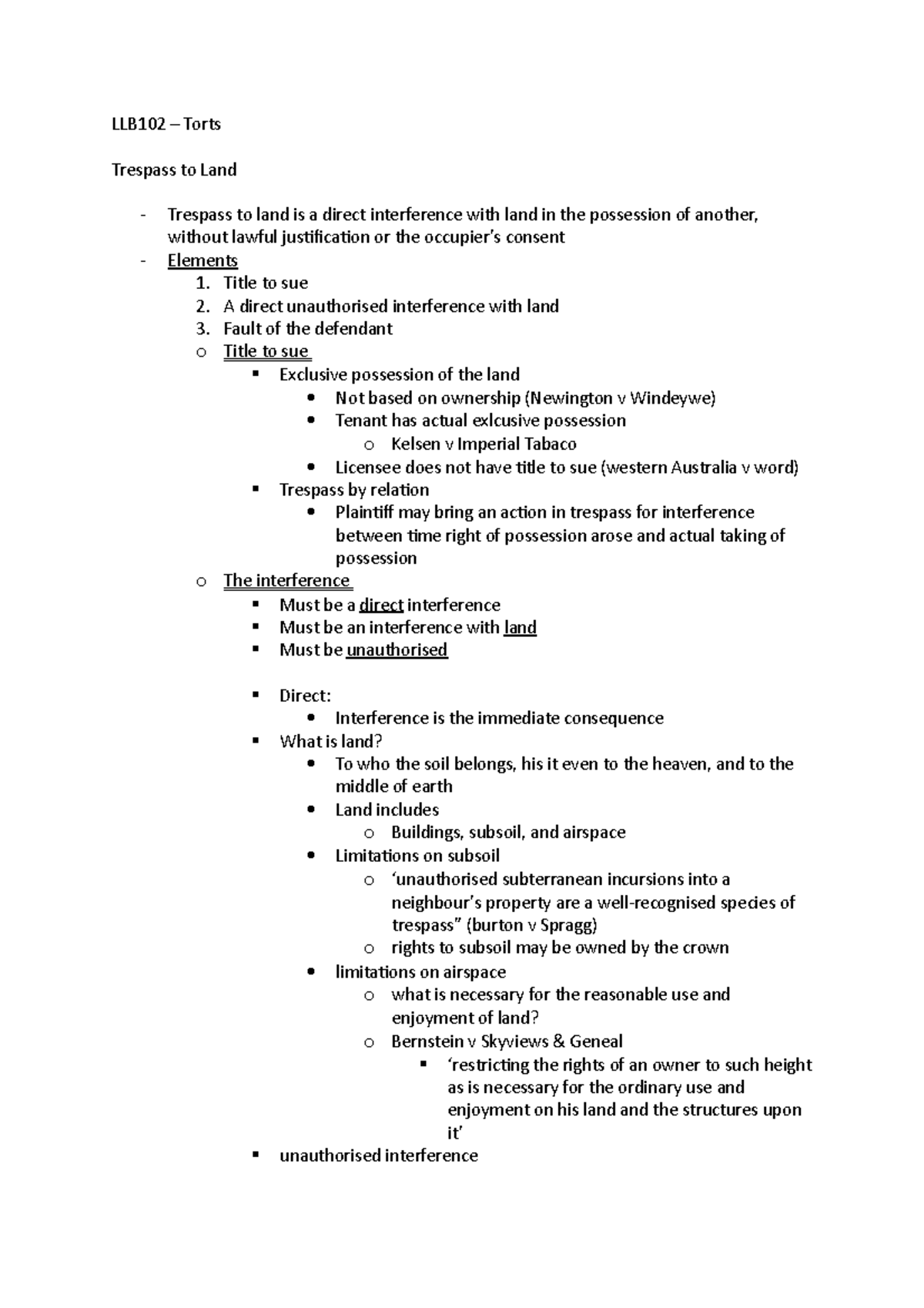 Week 2 - Lecture notes 2 - LLB102 – Torts Trespass to Land - Trespass ...