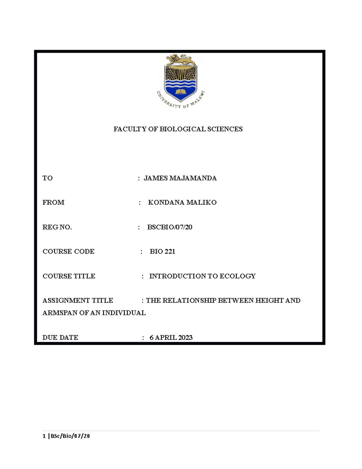 Bio221 arm span measurements kondanas lab report FACULTY OF