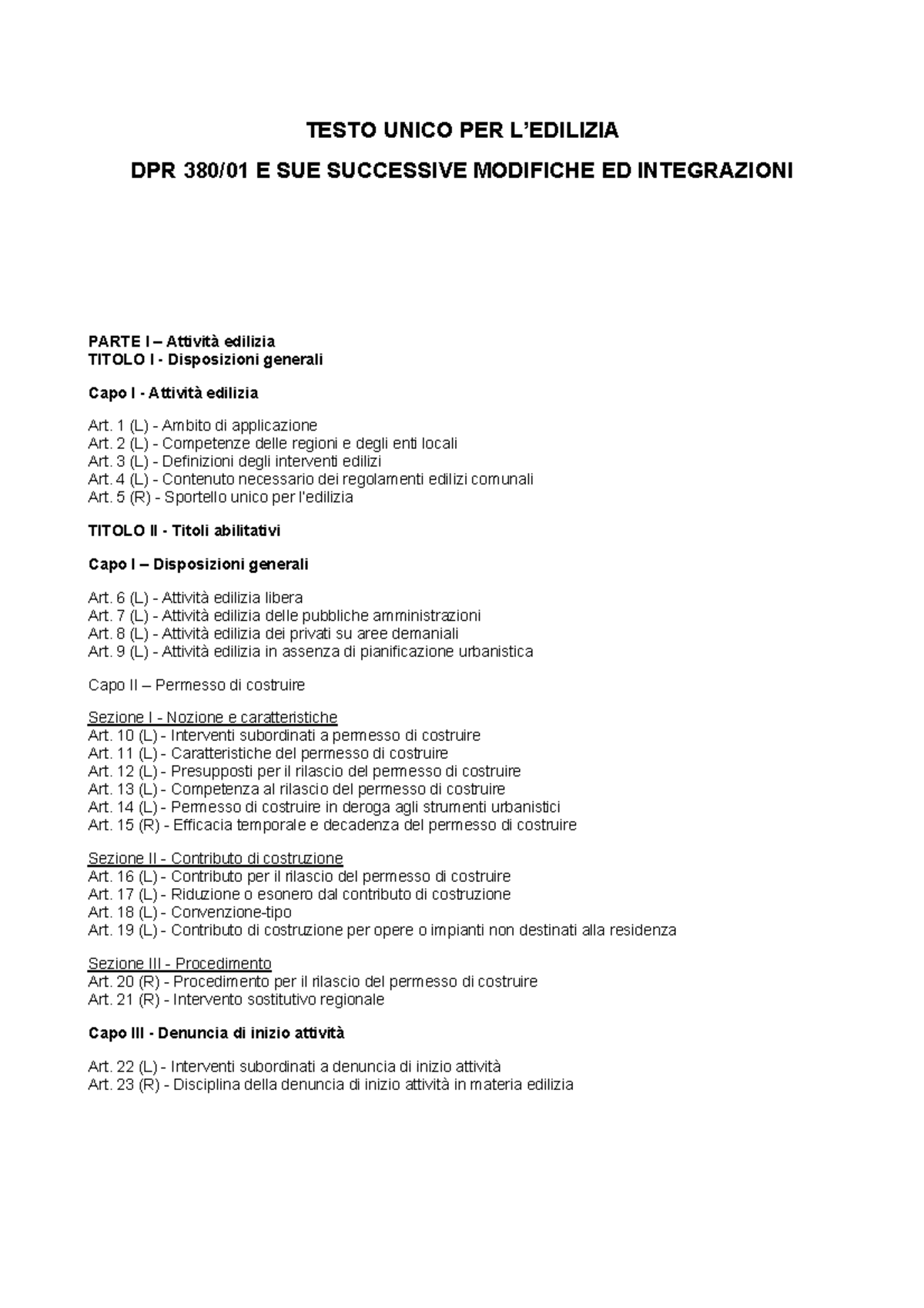 DPR 380-2001 - TESTO UNICO PER DPR E SUE SUCCESSIVE MODIFICHE ED ...