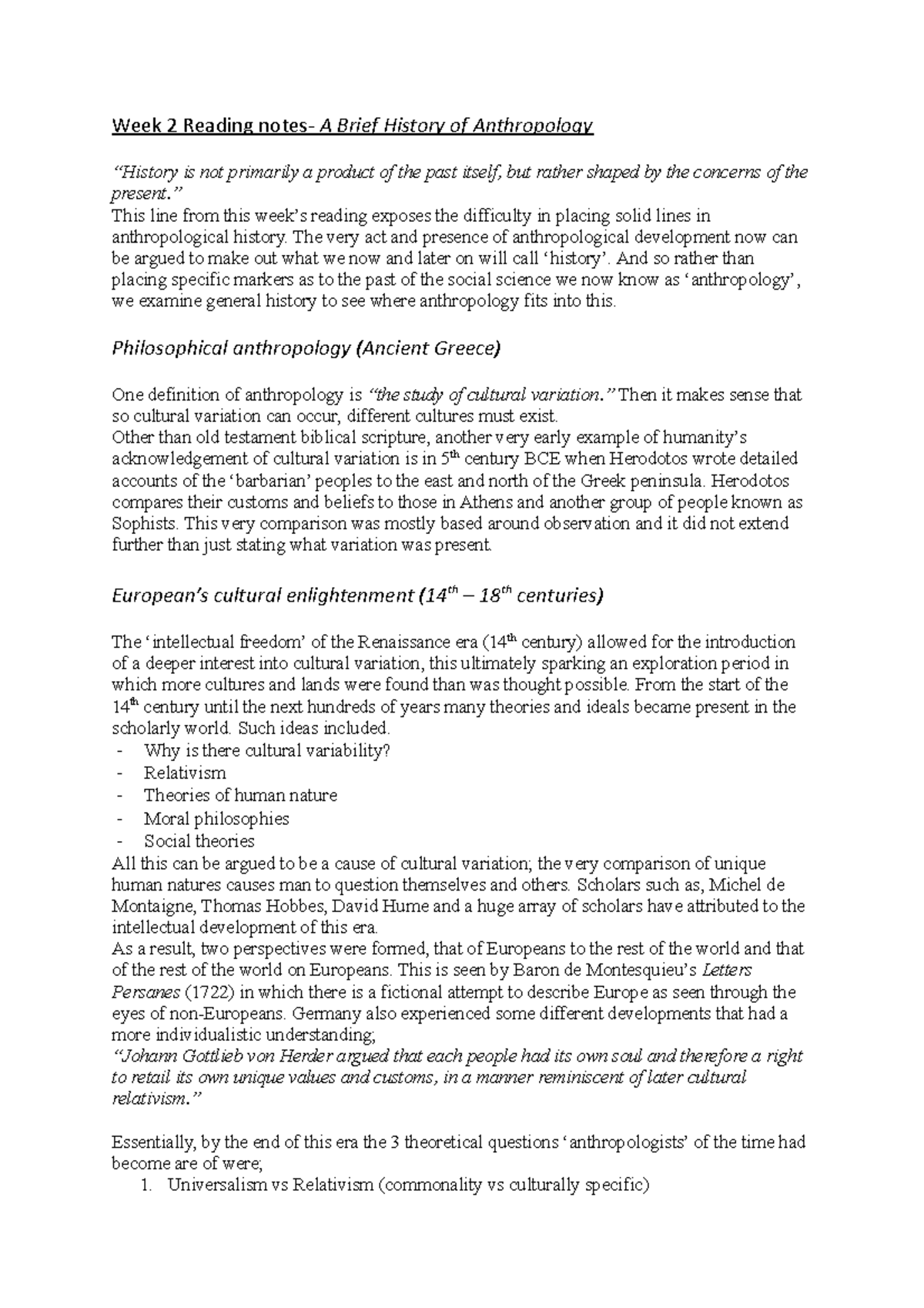 Week 2 Reading notes- History of Anthropology - Week 2 Reading notes- A ...