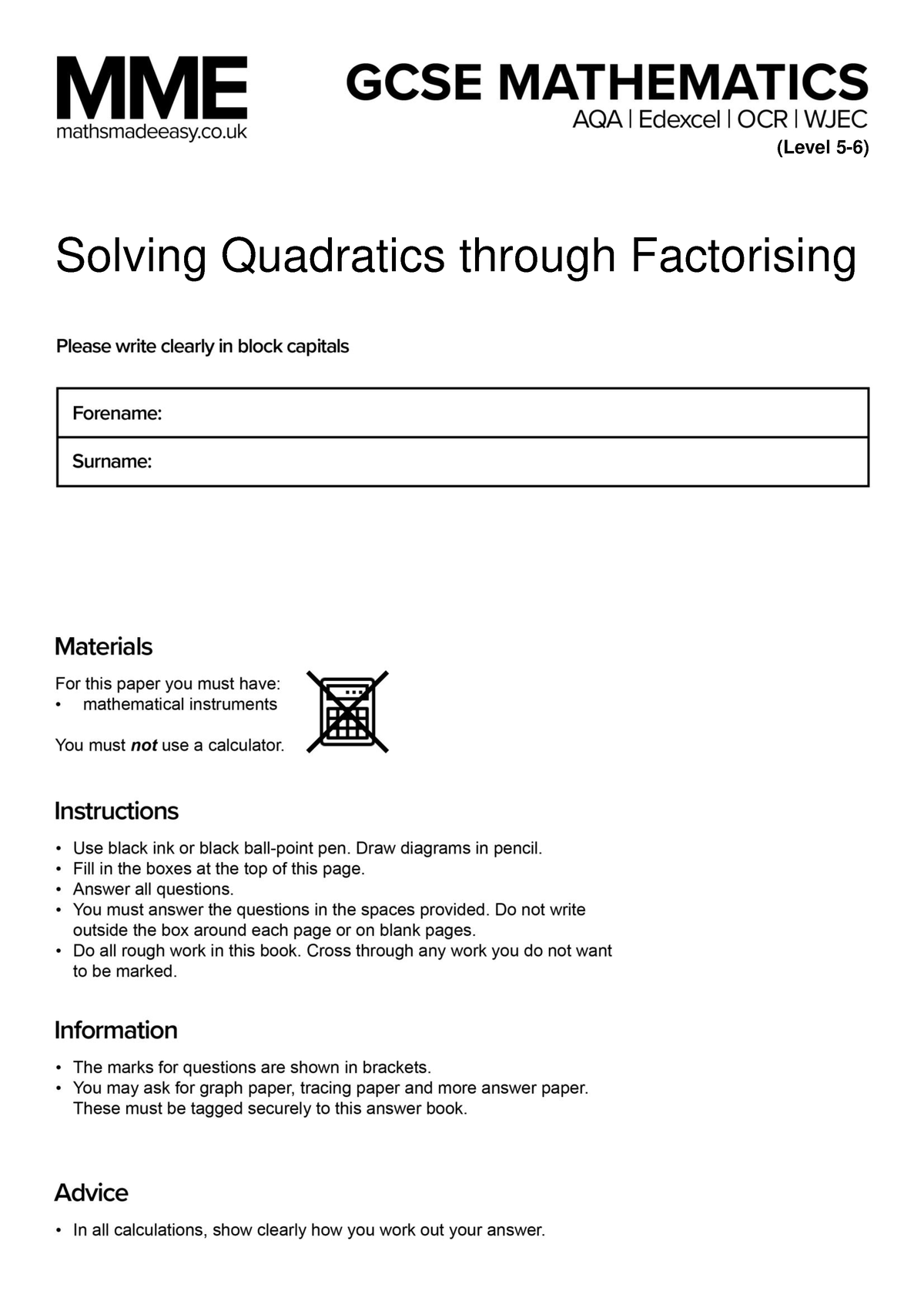 Solving Quadratics By Factorisation Questions Mme Solving Quadratics Through Factorising 5682