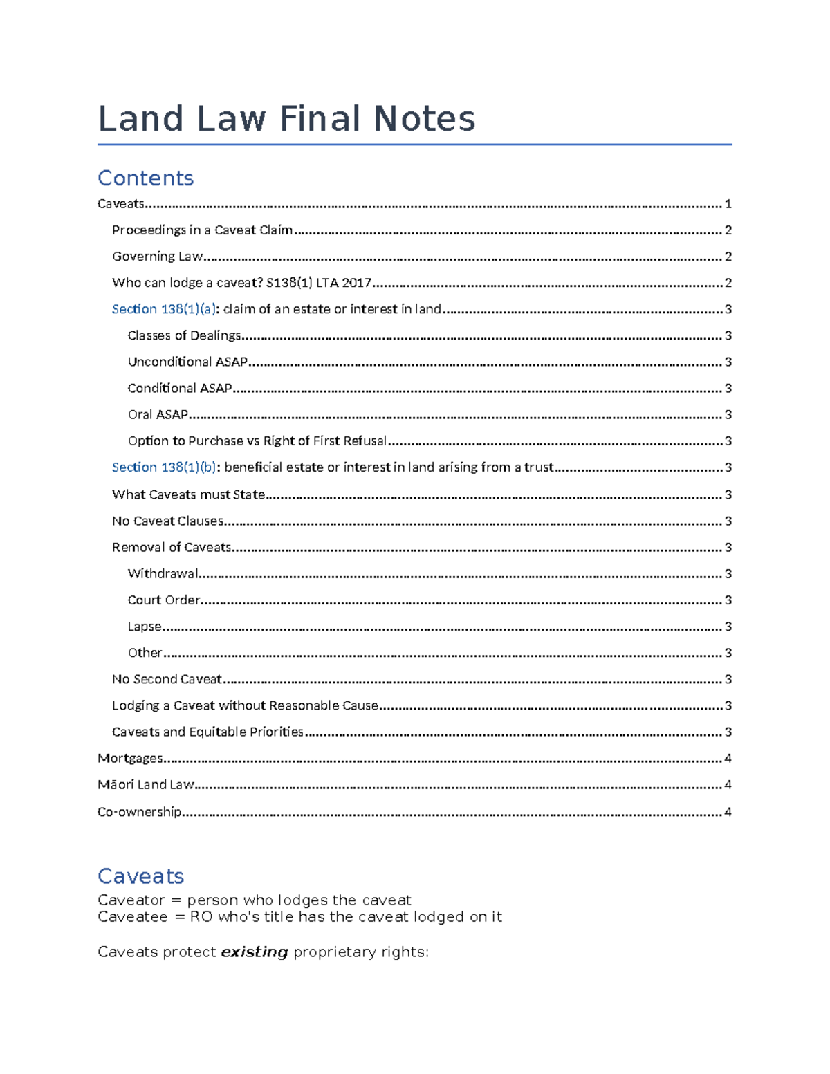 Land Law Final Notes - Land Law Final Notes Caveats Caveator = person ...