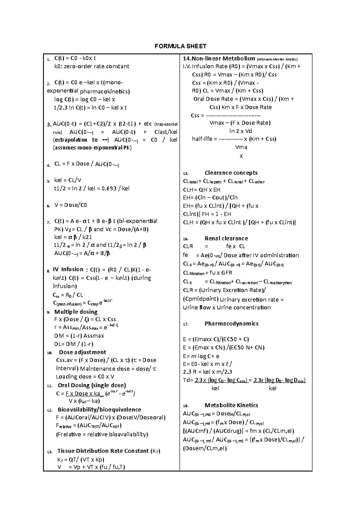 Formula Sheet Phar2813 2020 Studocu