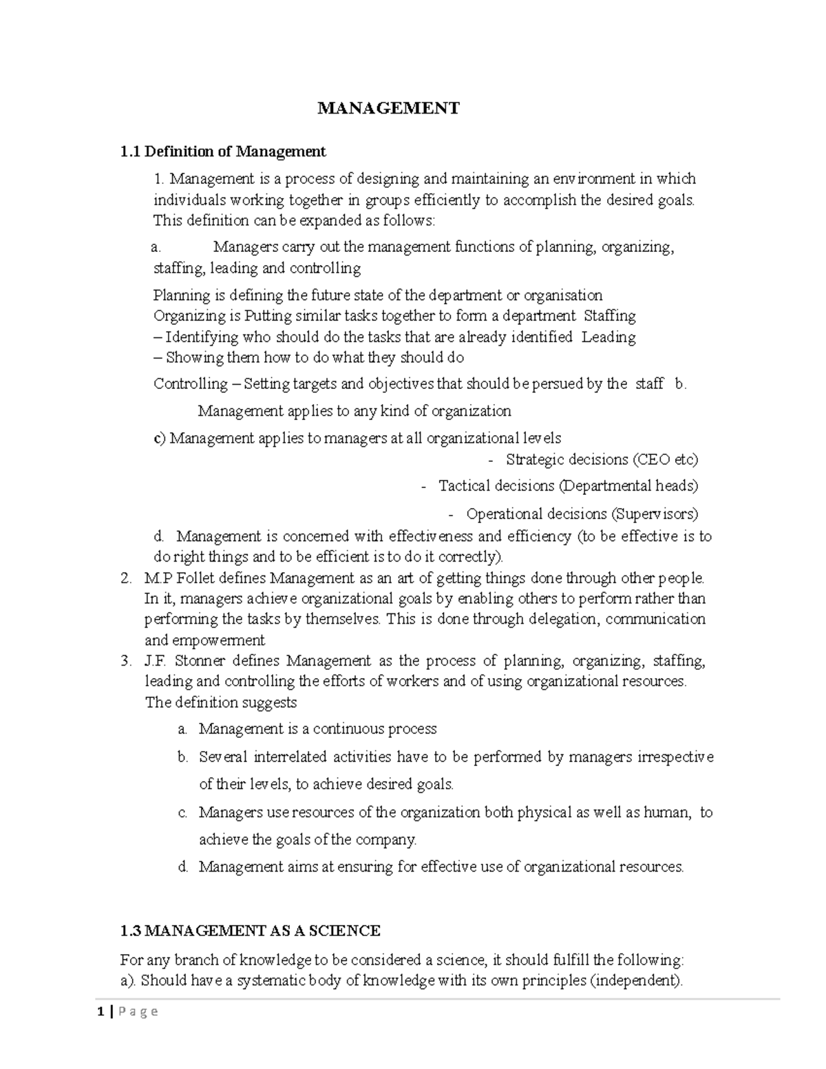 Principles OF Management lecture one and two-1 - MANAGEMENT 1 ...