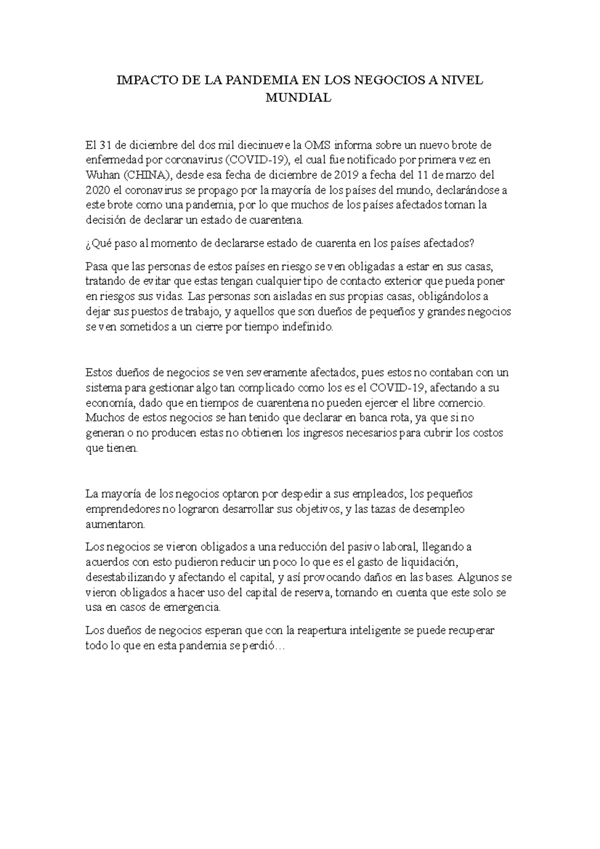 Impacto DE LA Pandemia EN LOS Negocios - IMPACTO DE LA PANDEMIA EN LOS ...