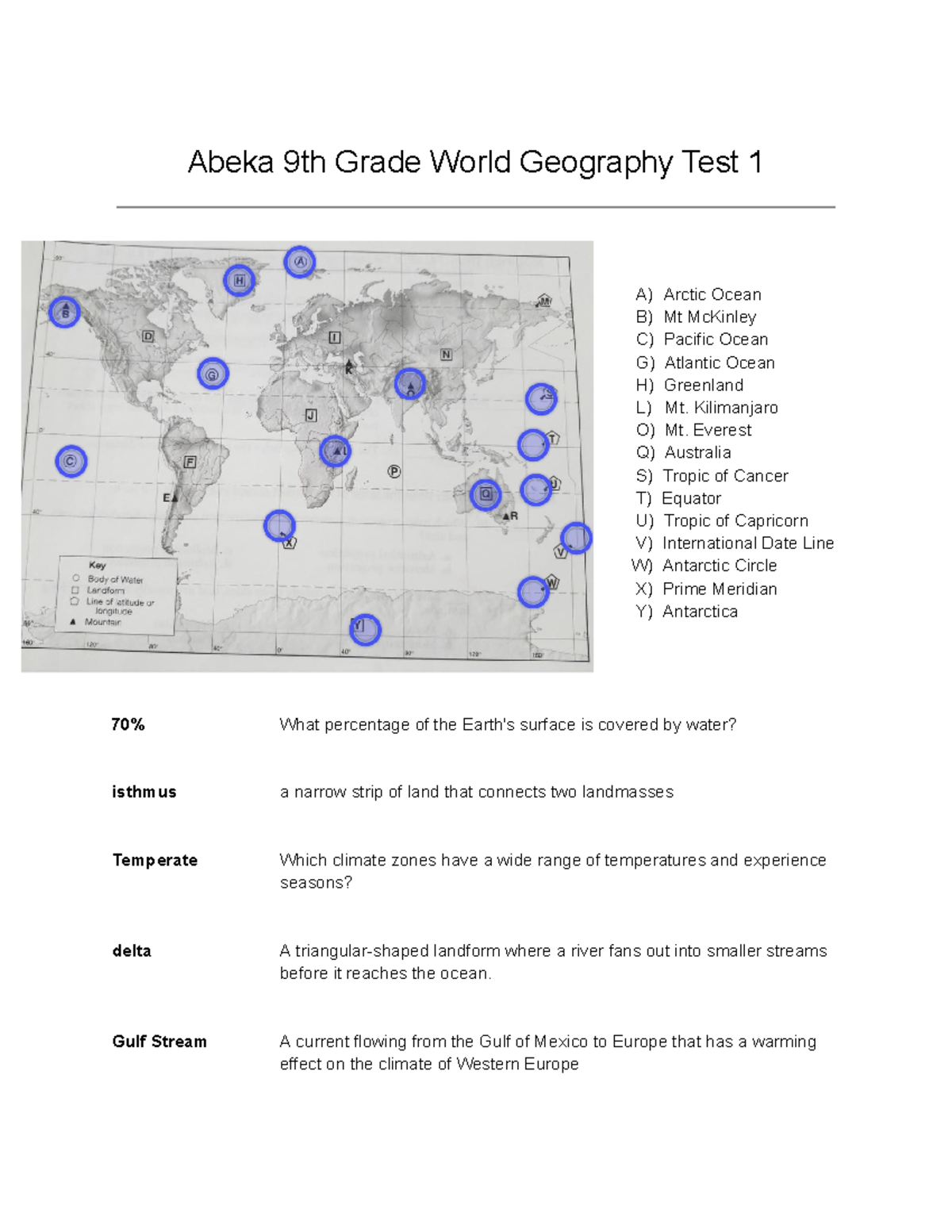 World Geography Test 1 - Kilimanjaro O) Mt. Everest Q) Australia S ...