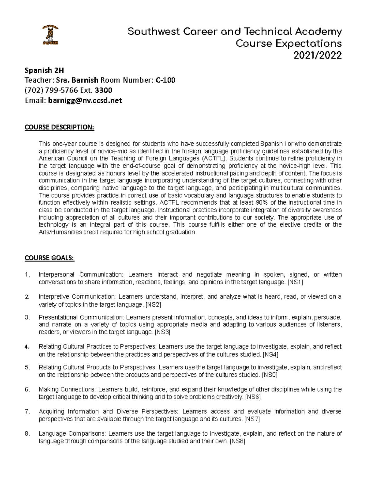 Barnish- Spanish 2-Honors-Course Expectations - Southwest Career and ...