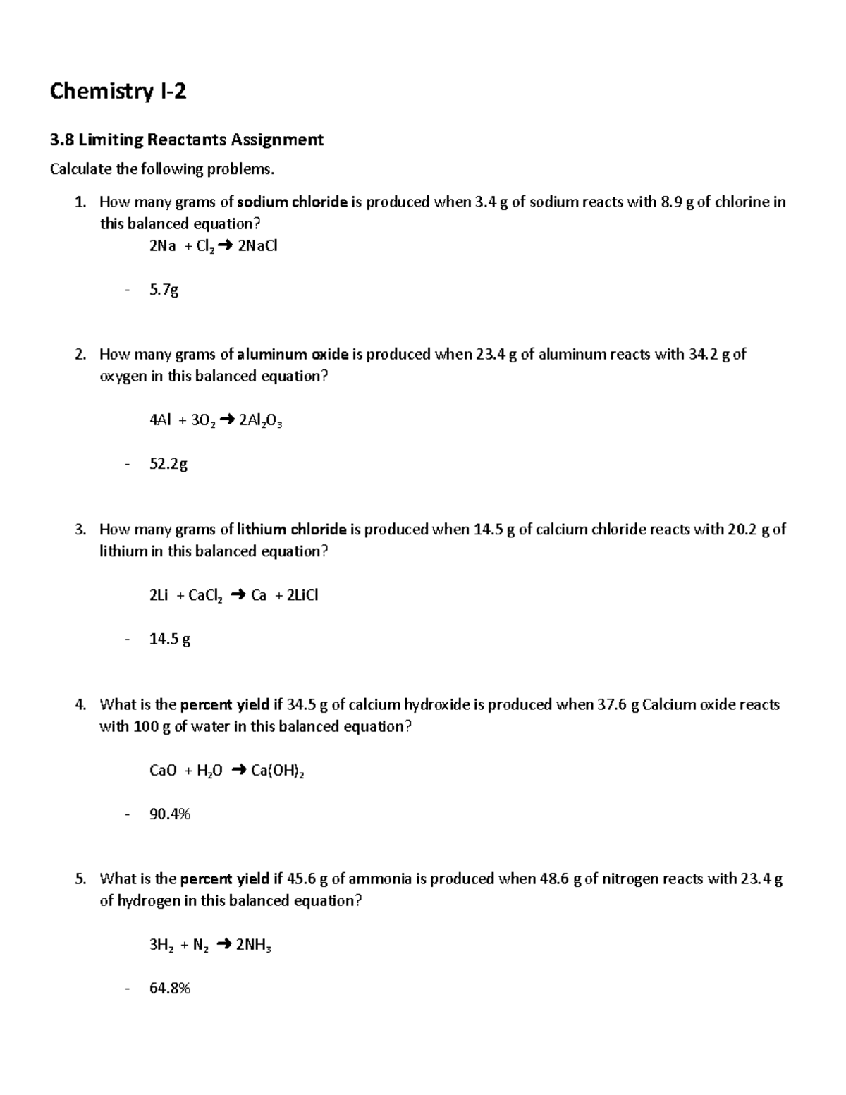 limiting reactant assignment answer key