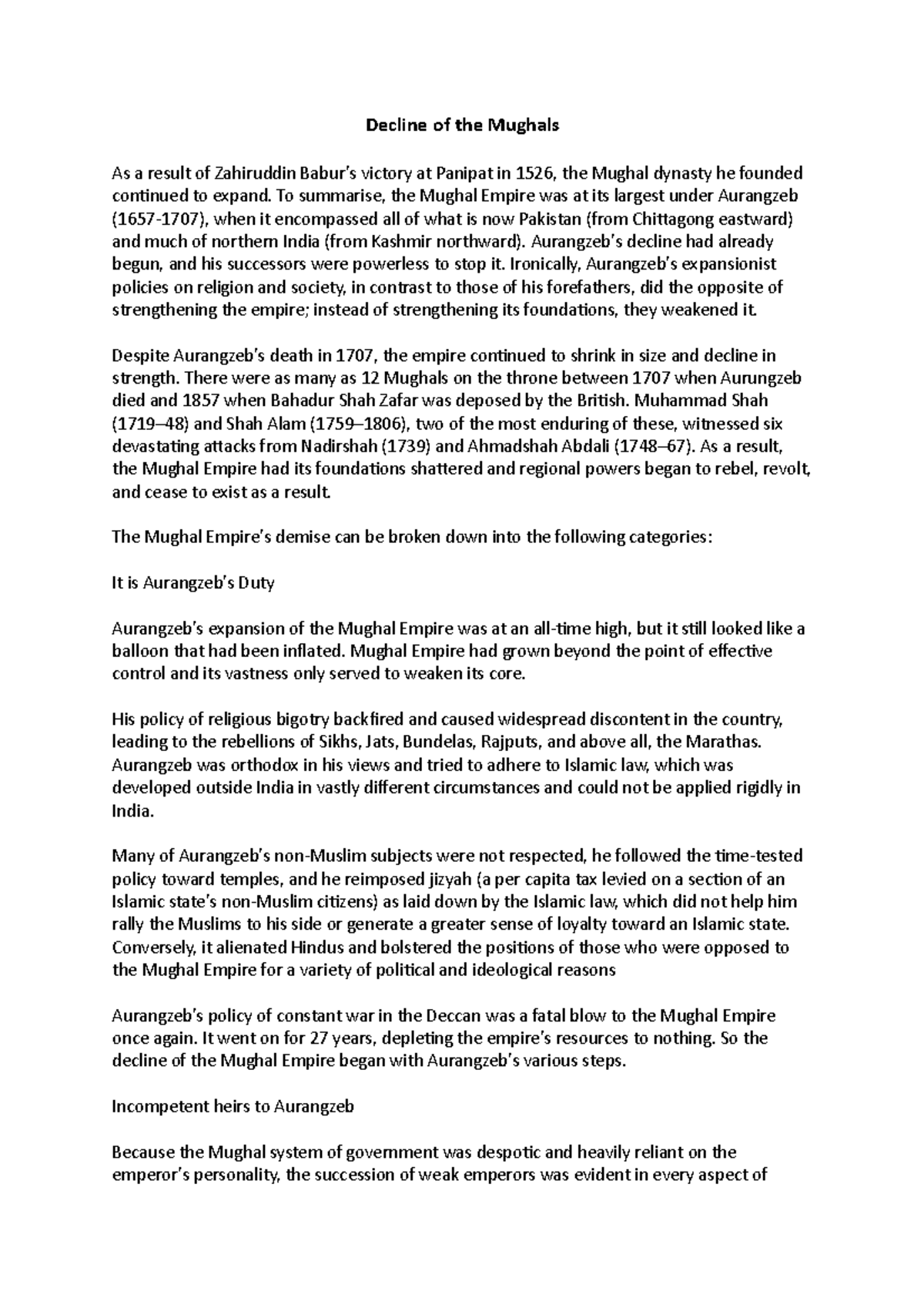 Decline of the Mughals - Lecture notes 3 - Islam in India: Mughal ...