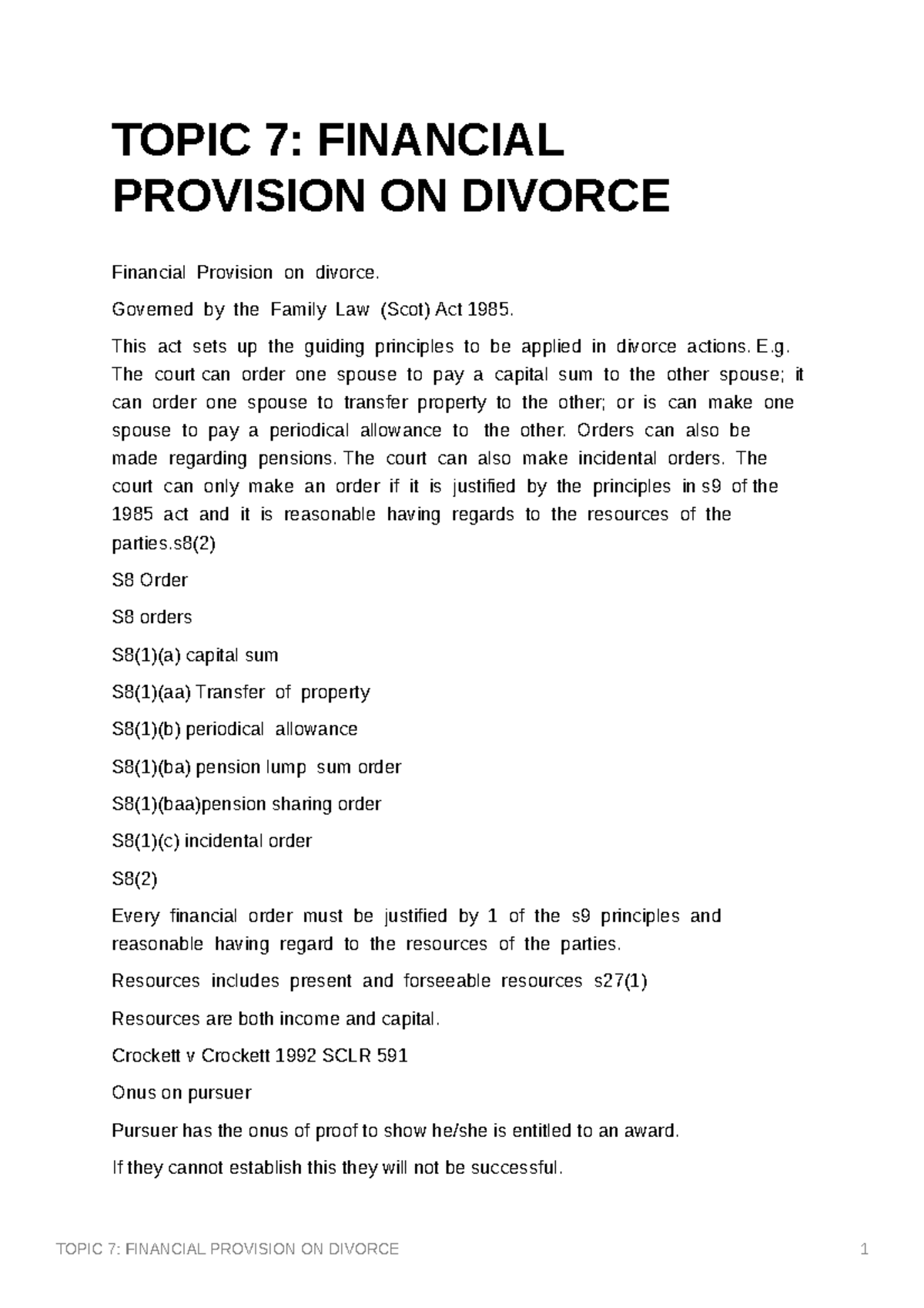Topic 7 Financial Provision ON Divorce - TOPIC 7: FINANCIAL PROVISION ...