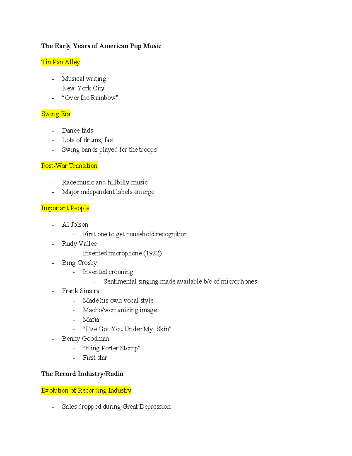 History of Rock Test 1 Study Guide The Early Years of American Pop