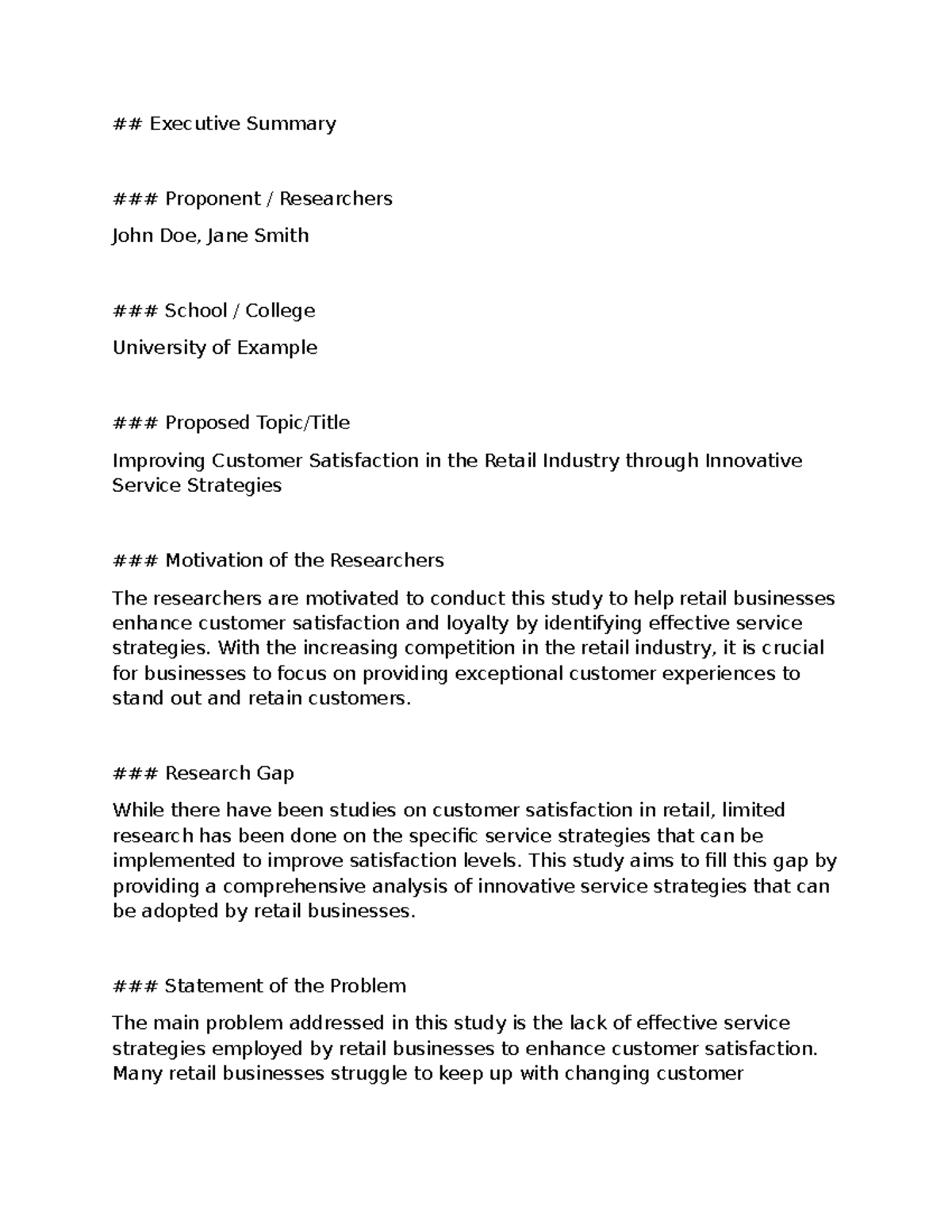 Executive Summary - STS sample final exam - Executive Summary Proponent ...