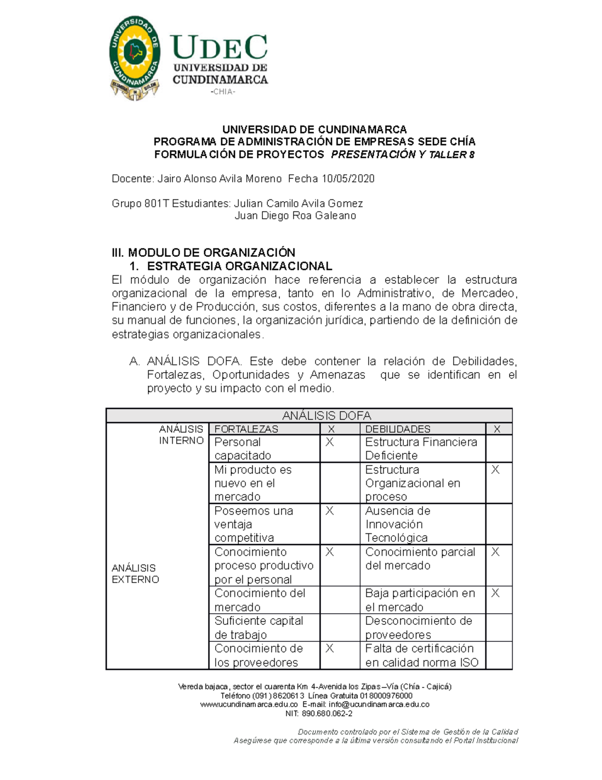 Taller 8 Formulación DE Proyectos - UNIVERSIDAD DE CUNDINAMARCA ...