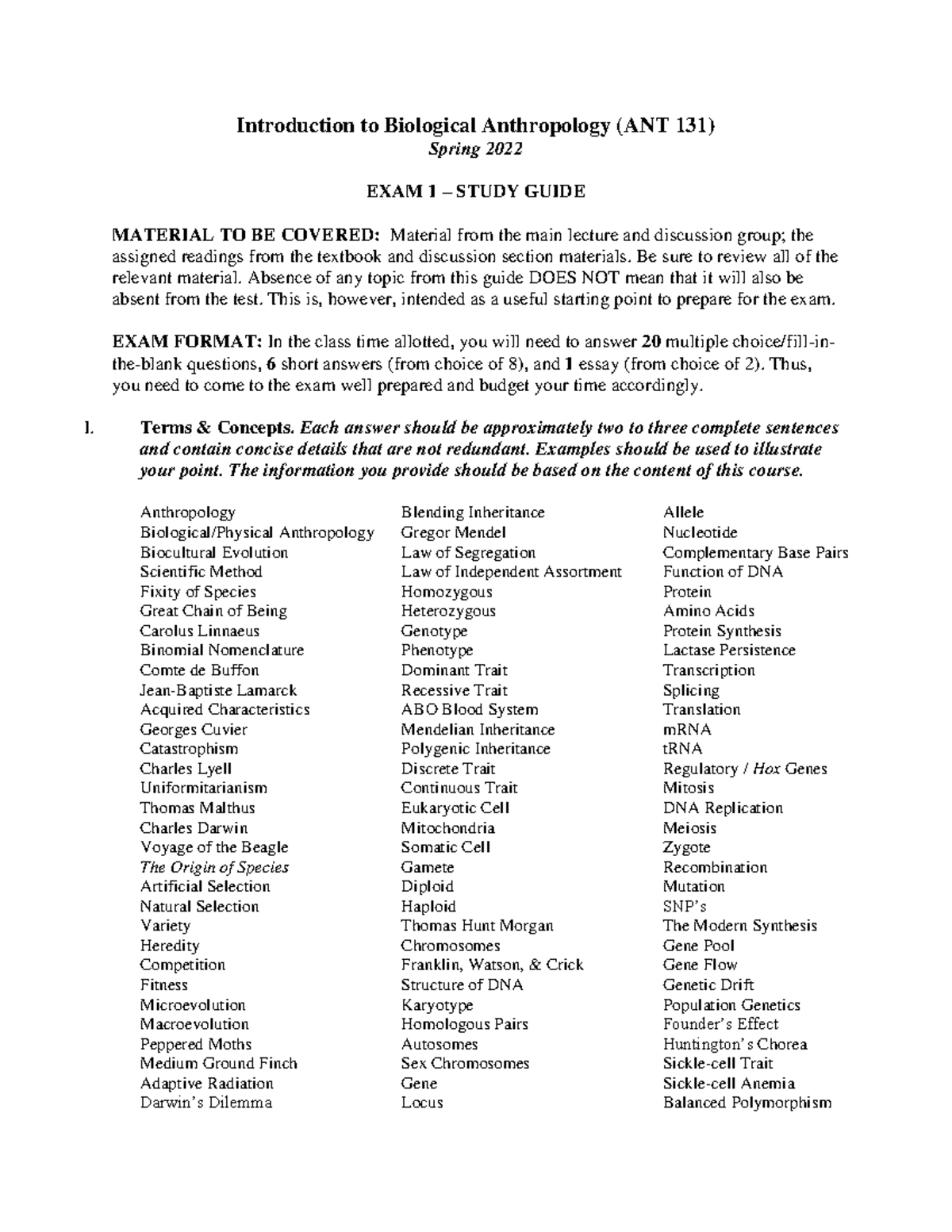 Exam 1 Study Guide Spring 2022 - Introduction to Biological ...