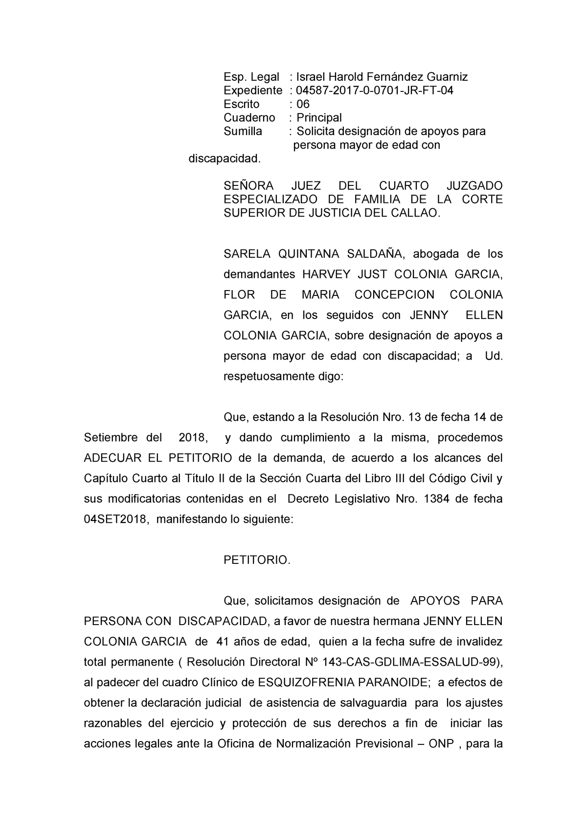 Modelo Demanda de Apoyo - Esp. Legal : Israel Harold Fernández Guarniz  Expediente : - Studocu